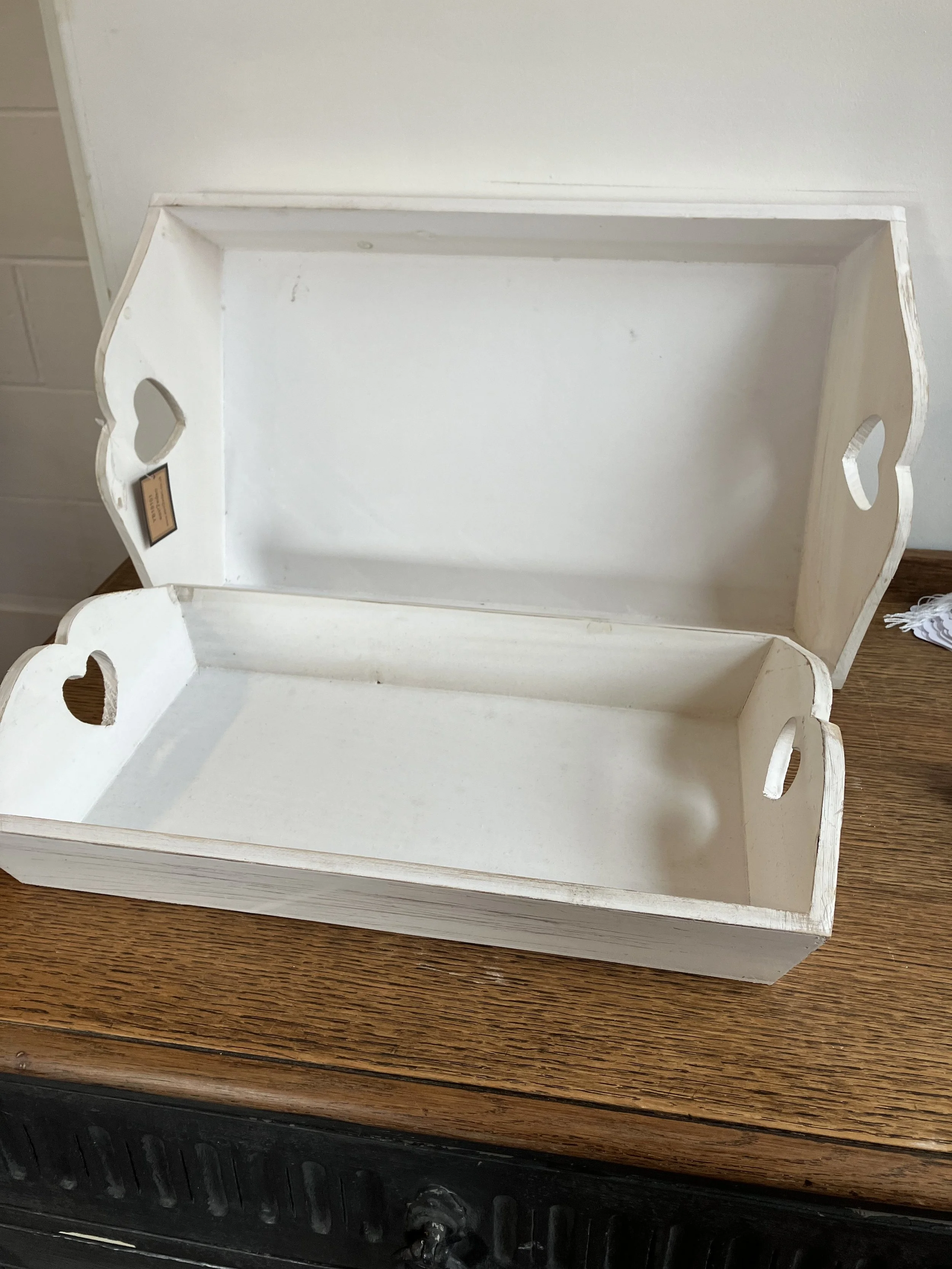 Pair of White Distressed Wooden Rectangular Trays with Heart Handles