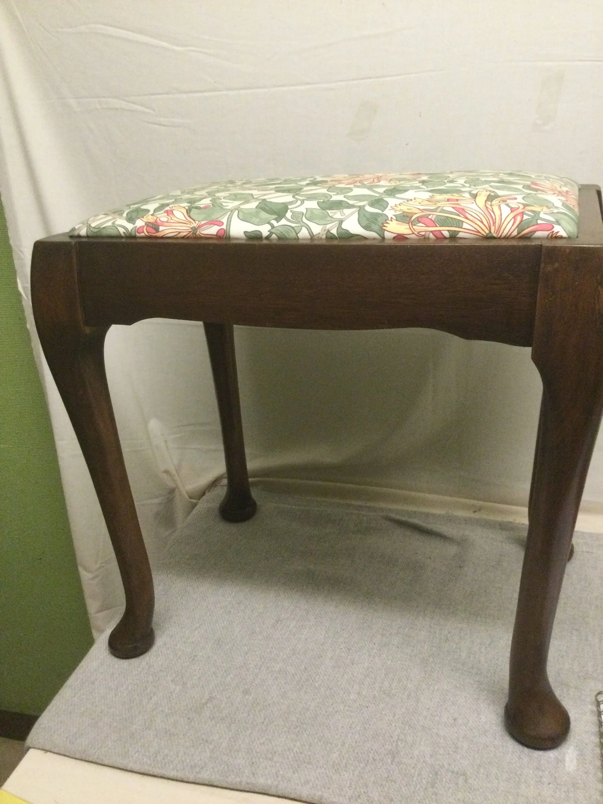 Vintage Wooden Framed Dressing Table Stool Upholstered in Morris & Co Honeysuckle Blossom Fabric