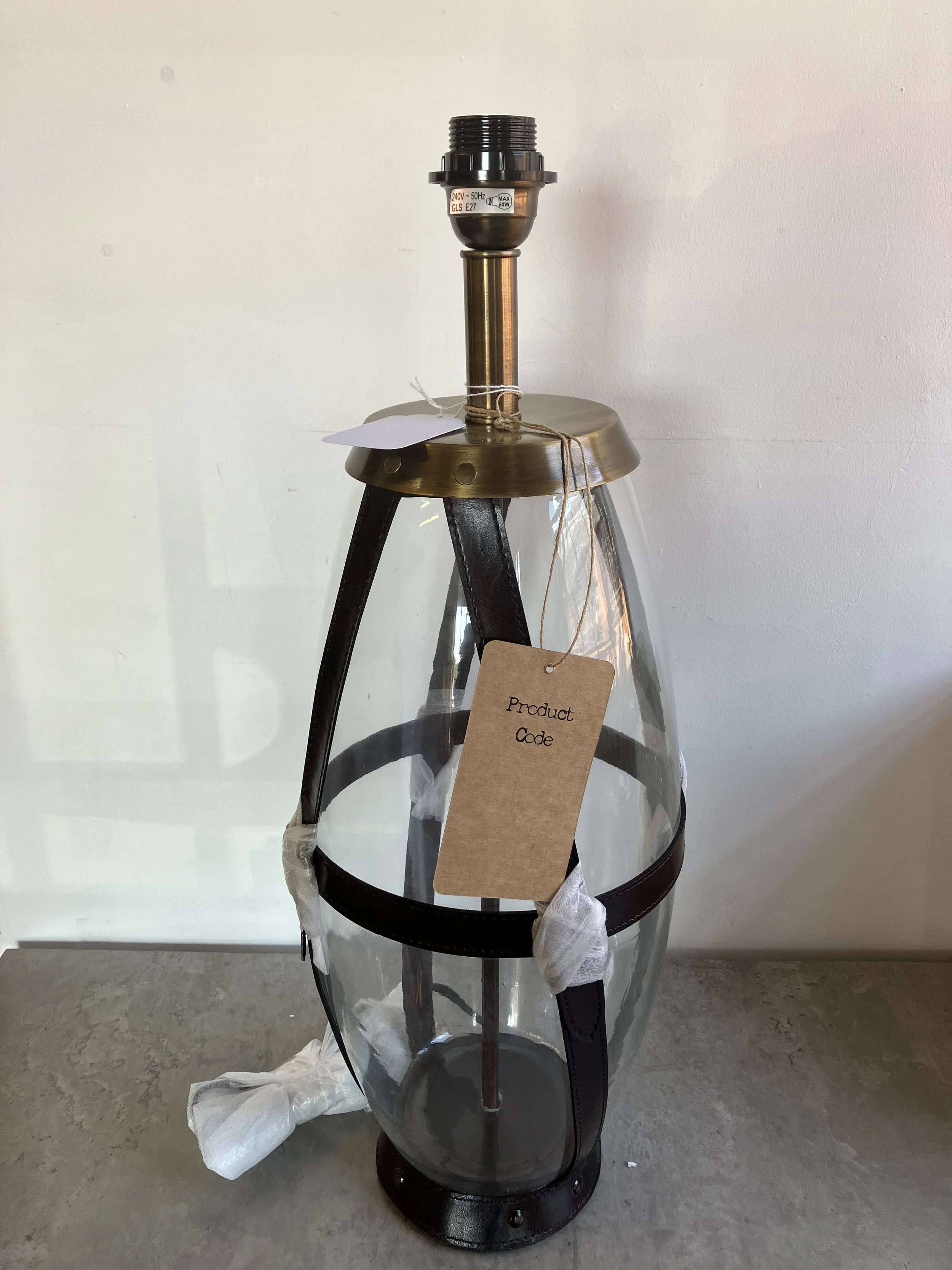 Endon Hand Crafted Glass and Leather Hurricane Style Table Lamp
