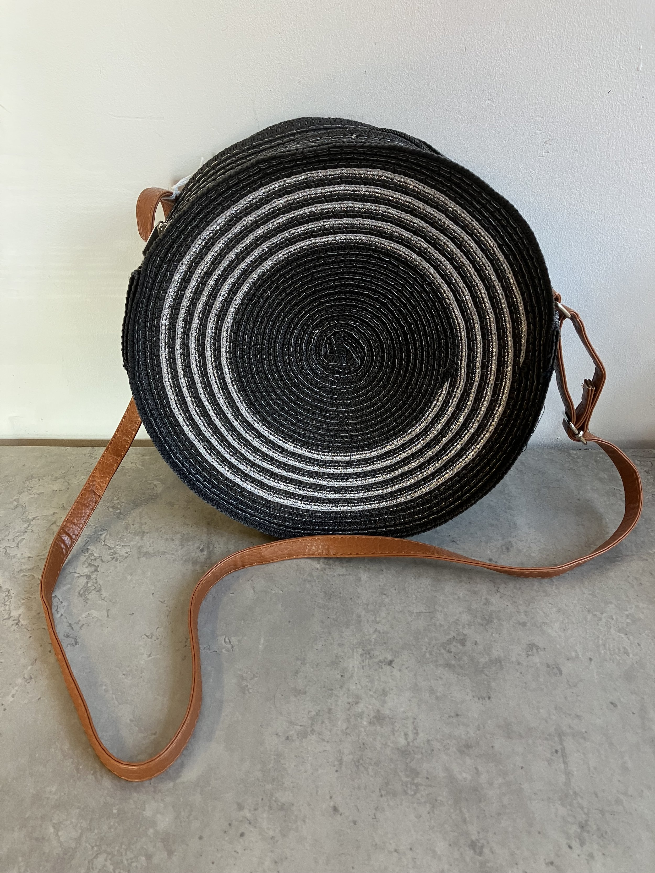 Black and Silver Circular Woven Raffia Crossbody Bag