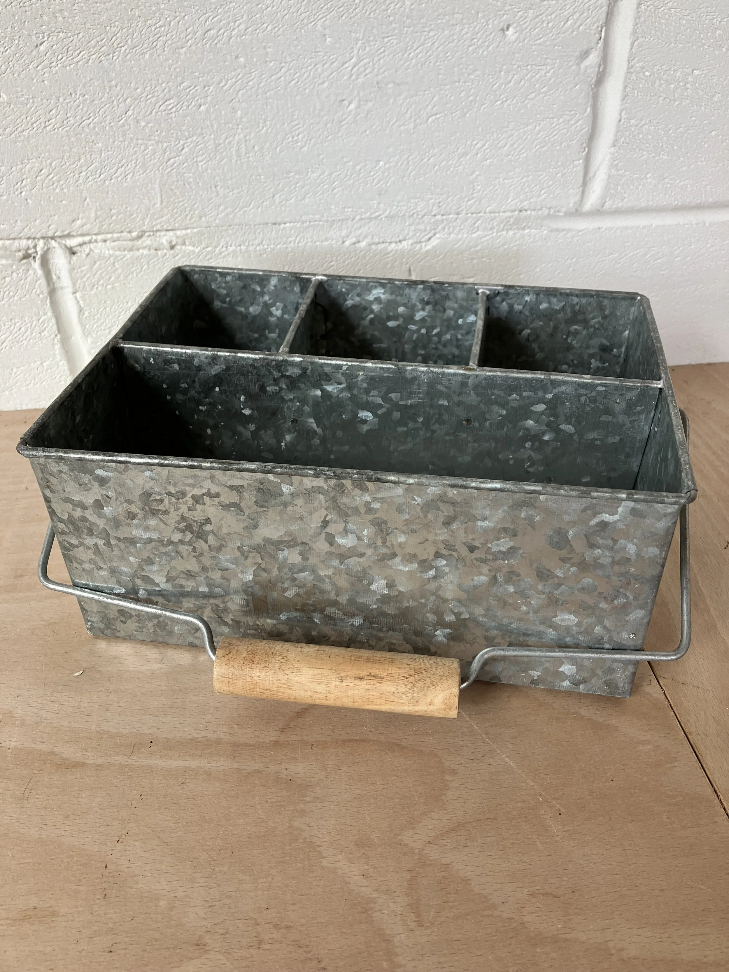 Galvanised Metal Basket with Four Compartments and Wooden Handle