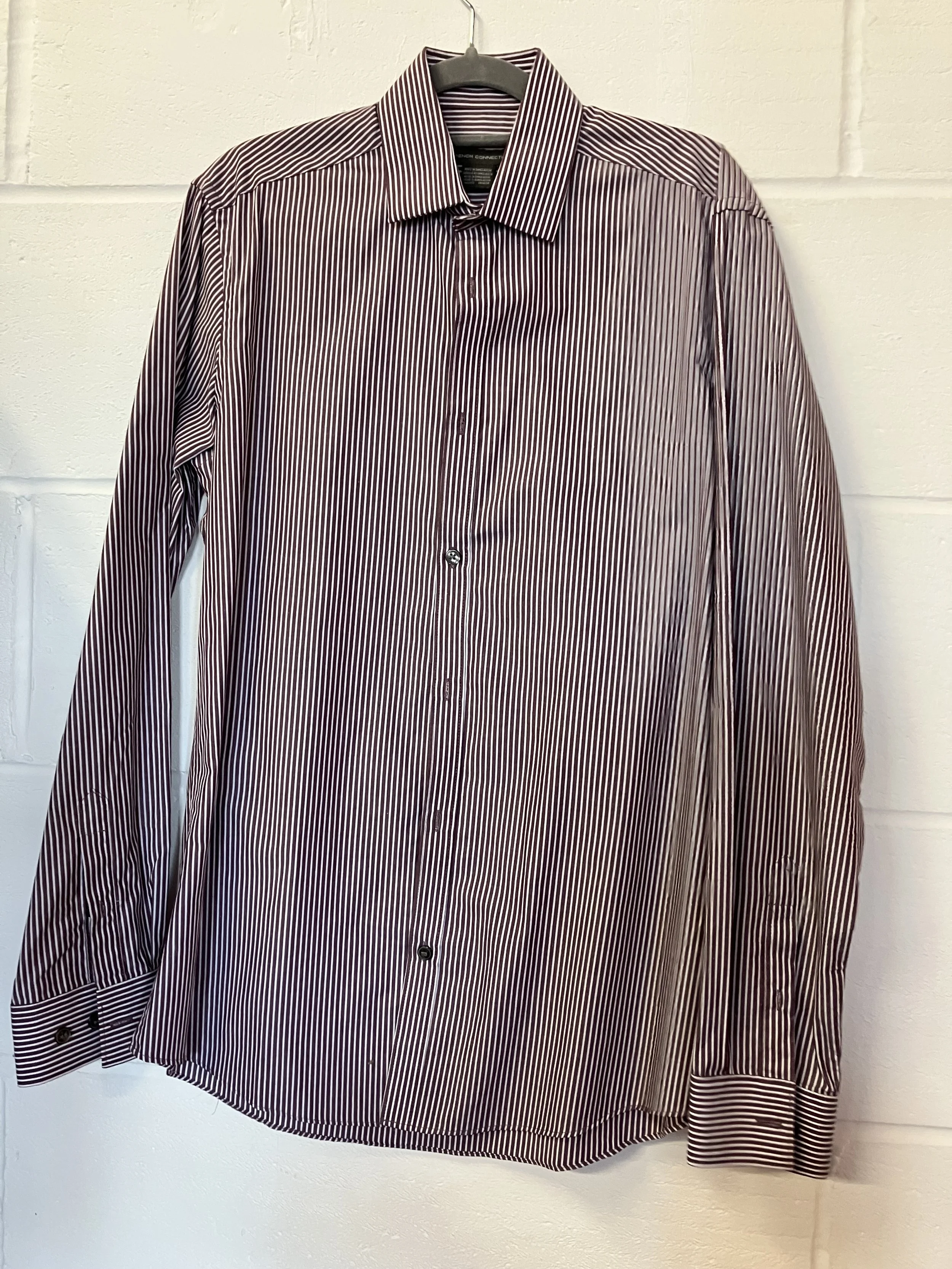 Men's Burgundy and White Striped Long Sleeved Shirt by French Connection