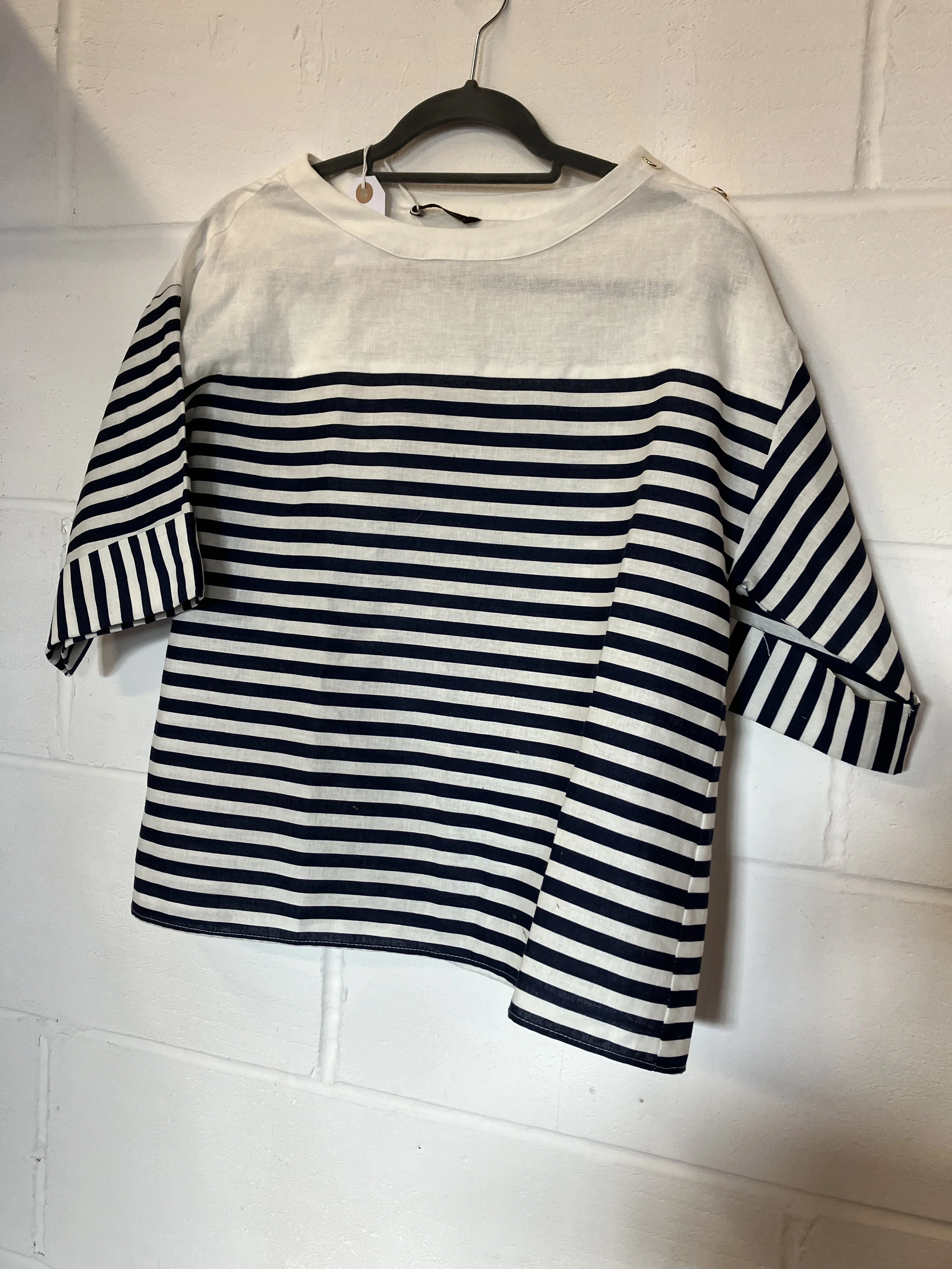 Zara Navy Blue and Cream Striped Top