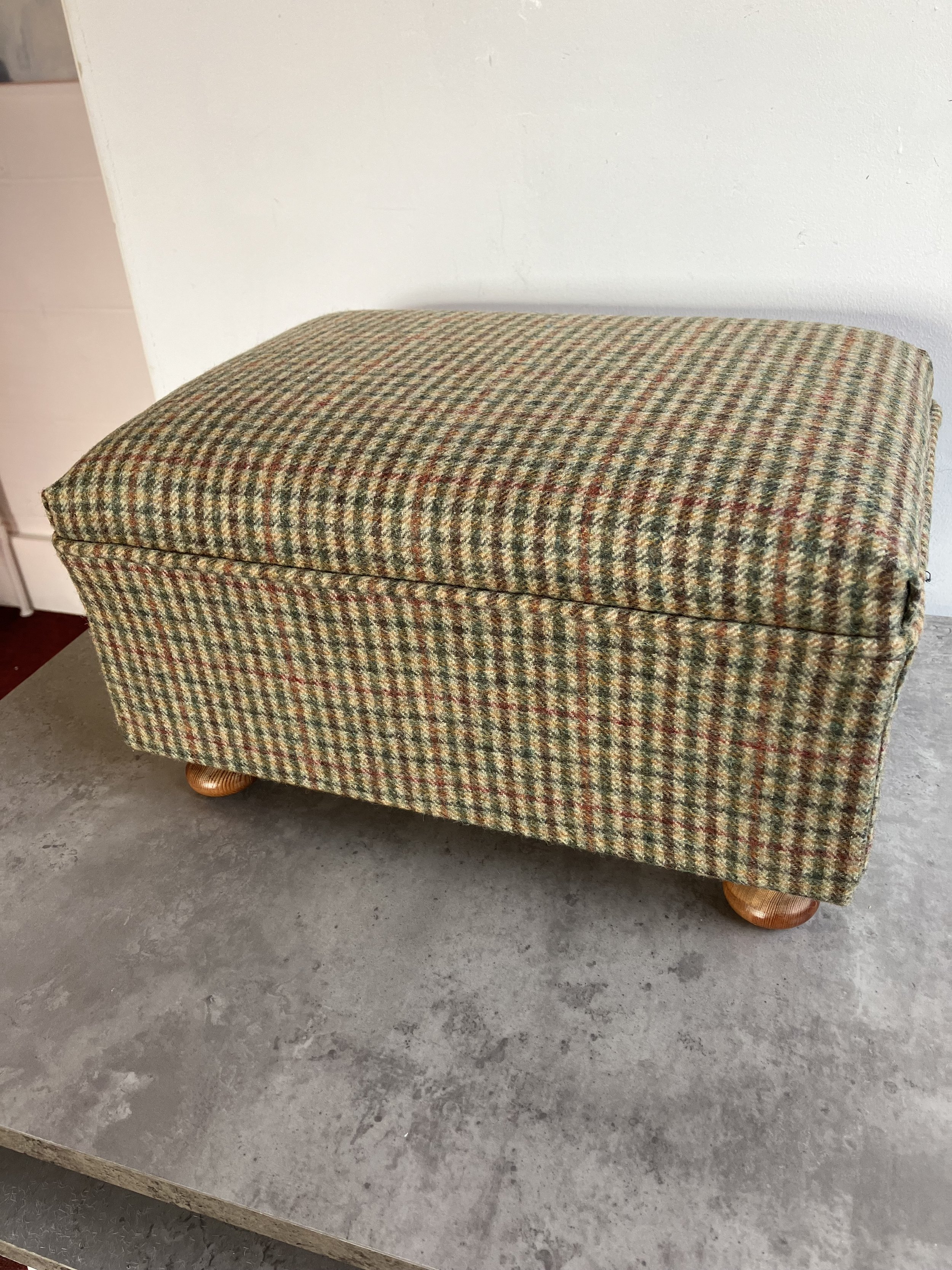Small Wooden Footstool Upholstered in Ilkley Green Tweed