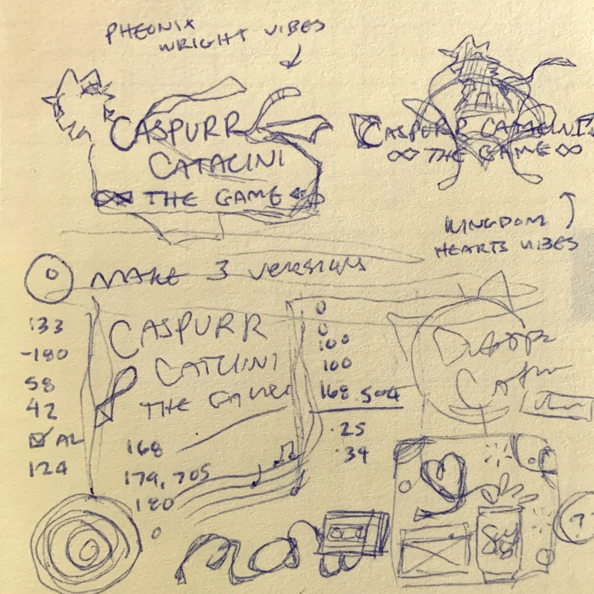 Post-it explorations for the Caspurr Catacini Game logo