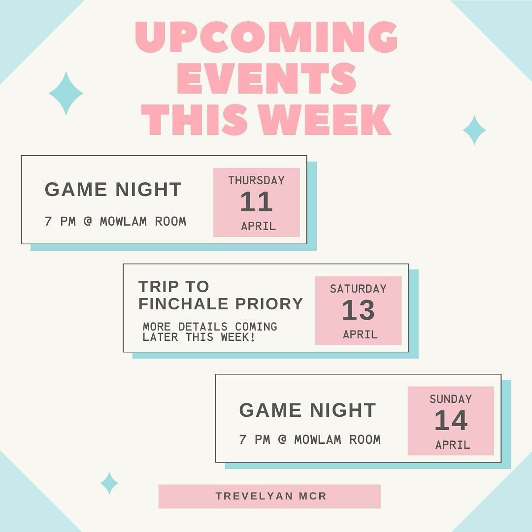 Hey everyone, get ready for some fun ahead! We've got game nights planned for both Thursday and Sunday this week, along with an exciting trip to Finchale Priory this Saturday! More details for the trip will be coming this week! 📆✨