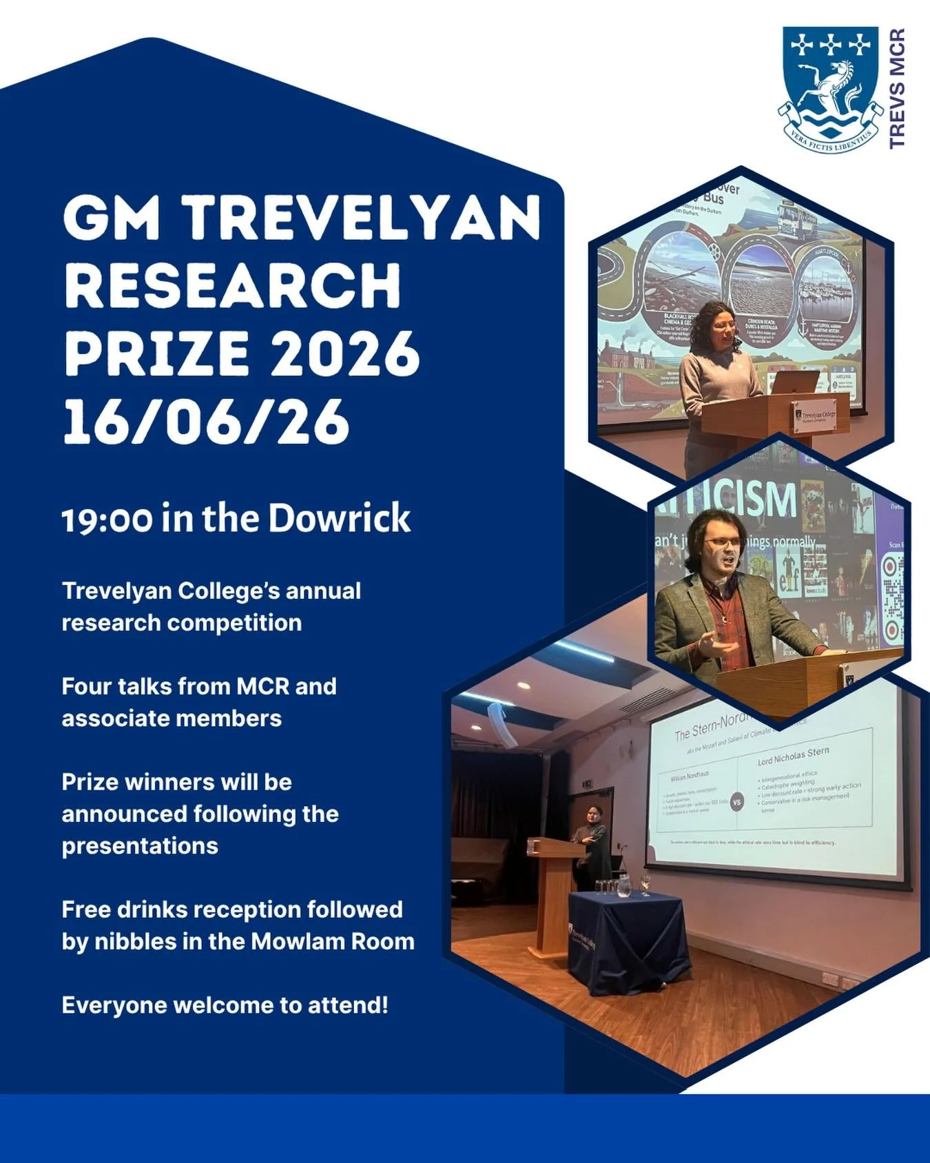 Join us for The GM Trevelyan Research Prize on 16/06/26 at 19:00 in the Dowrick to support the four fantastic presentations. Followed by free drinks reception! 🗣️