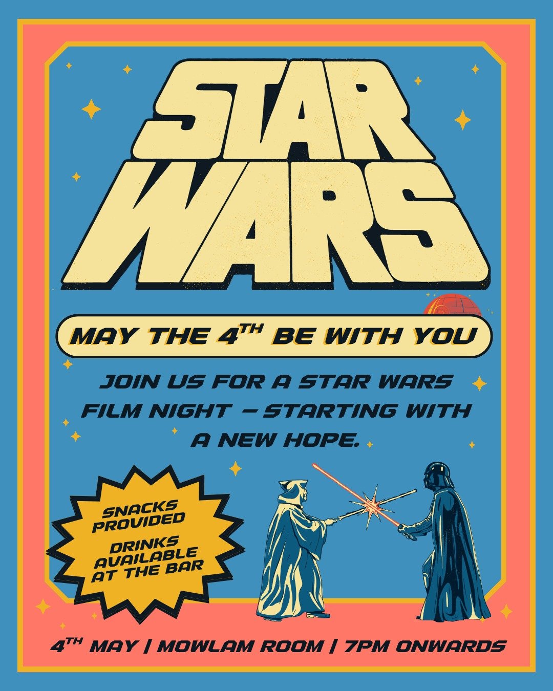Join us this May the 4th for a Star Wars film night

We'll start with A New Hope and continue through the saga&hellip;

Hope to see you there!

📍 Mowlam Room
🕖 7PM onwards
📅 4th May