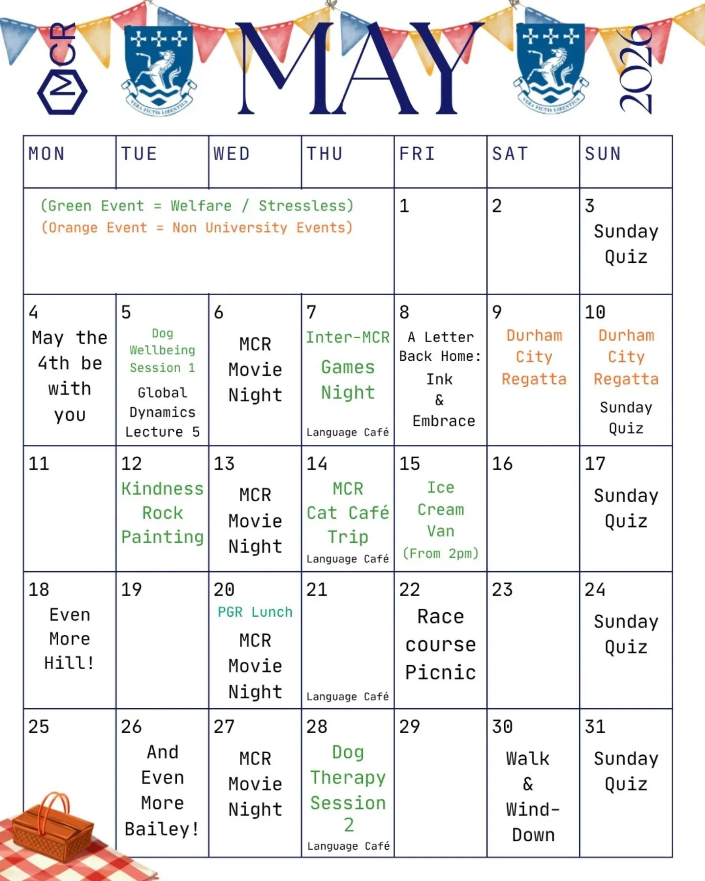 Hey Everyone!

Welcome back - Here are all the upcoming events happening in May within Trevelyan MCR and at Trevelyan College 

Can't wait to see you all there! 🪁