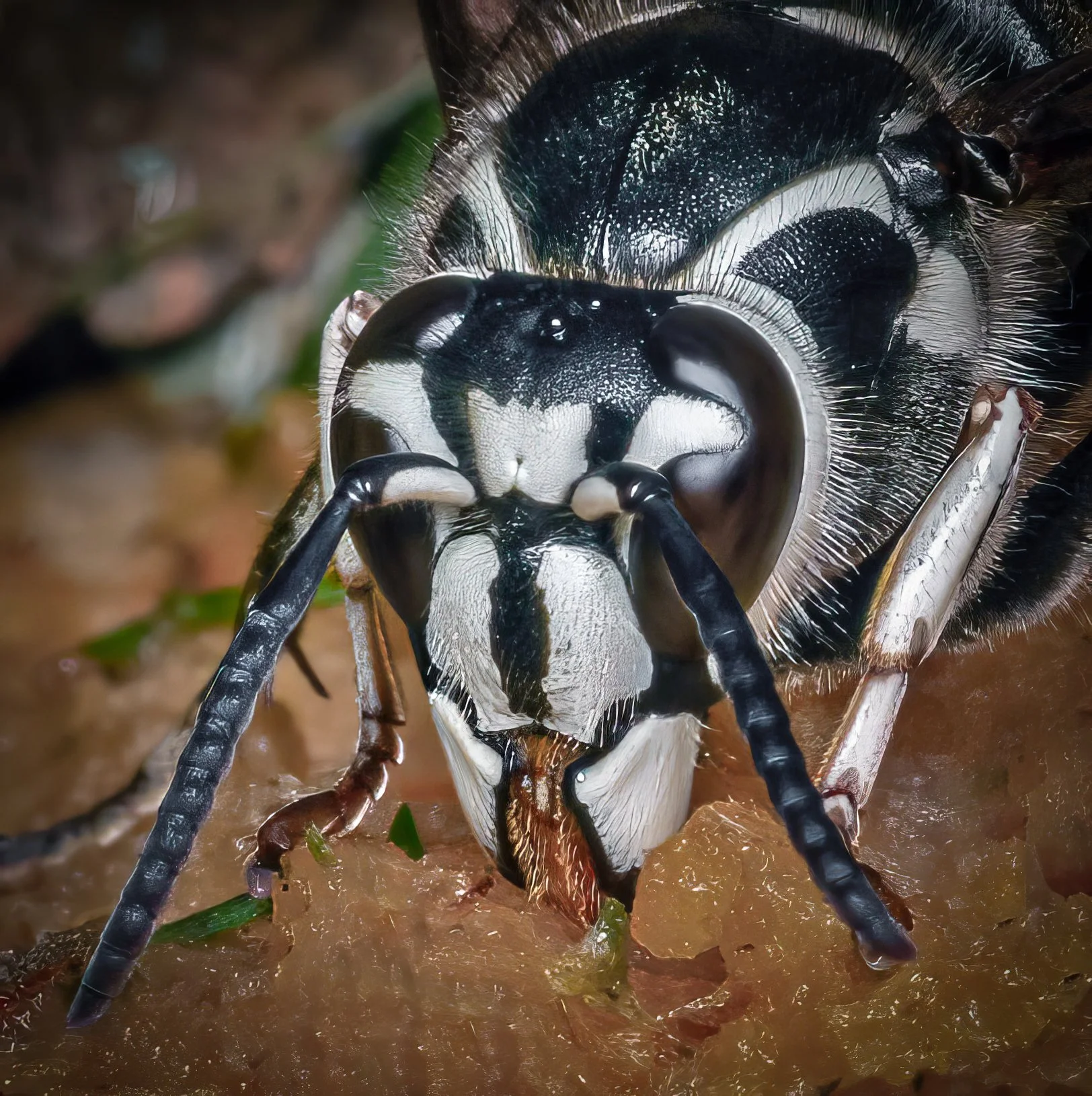 Bald-Faced Hornet on an Apple on the Ground