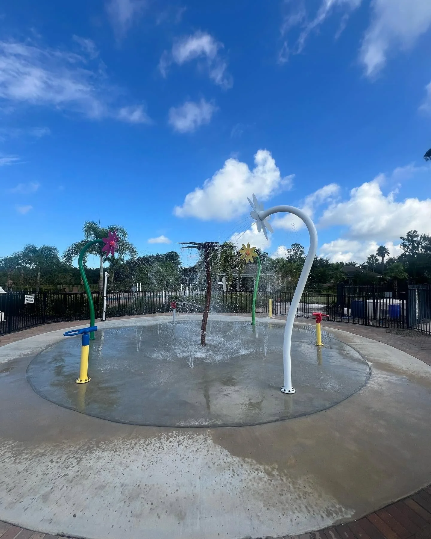 Colorful splash pad with water sprayers shaped like flowers and trees, surrounded by a black fence with trees and houses in the background under a partly cloudy sky.