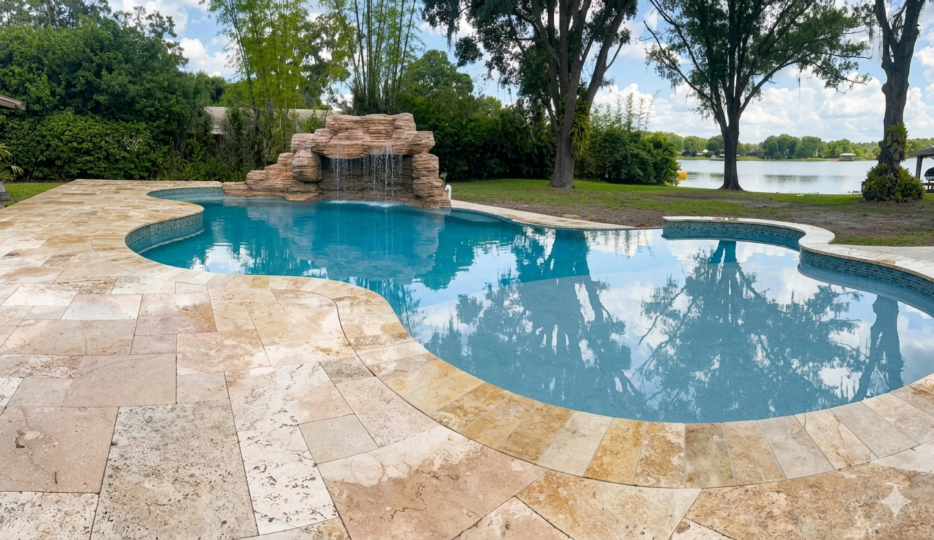 A backyard swimming pool with a rock waterfall feature, surrounded by a stone patio, overlooking a lake with trees and a partly cloudy sky in the background.