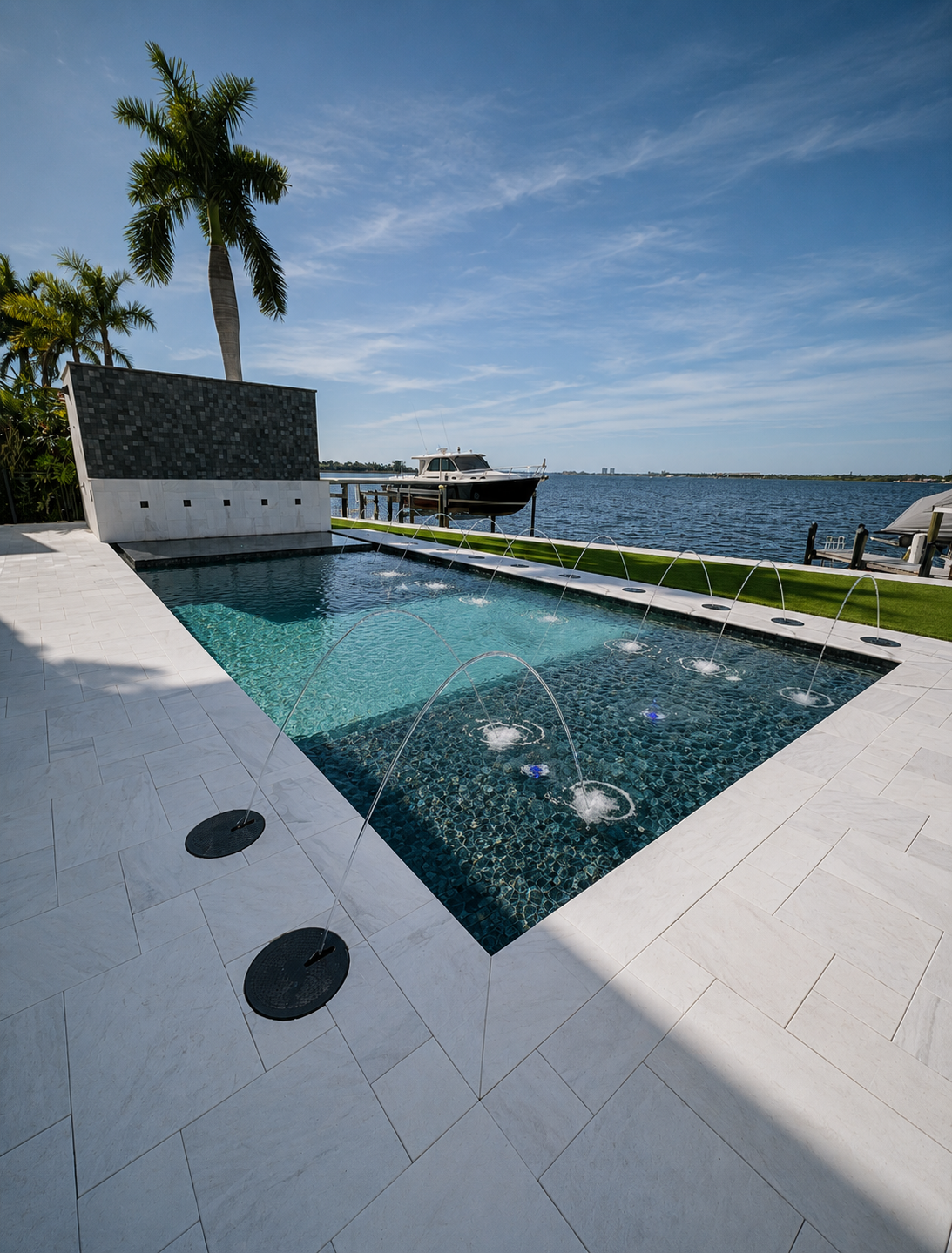 Luxury backyard with a small rectangular swimming pool featuring fountain jets, overlooking a body of water with a boat, under a blue sky with some clouds, surrounded by palm trees and modern outdoor furnishings.