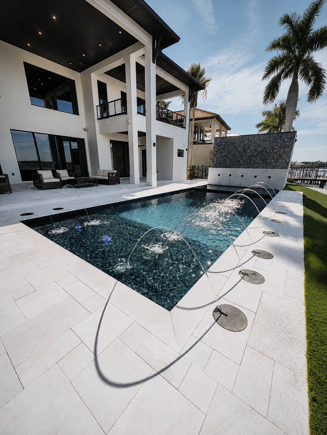Modern two-story house with a backyard swimming pool and fountains, surrounded by palm trees and outdoor seating.