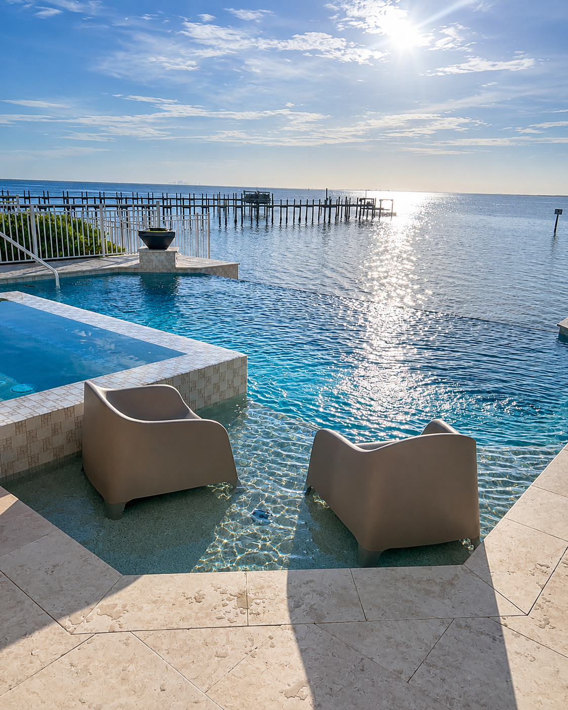 A swimming pool with two lounge chairs in the shallow end, overlooking a body of water with a dock and the sun setting or rising in the sky.