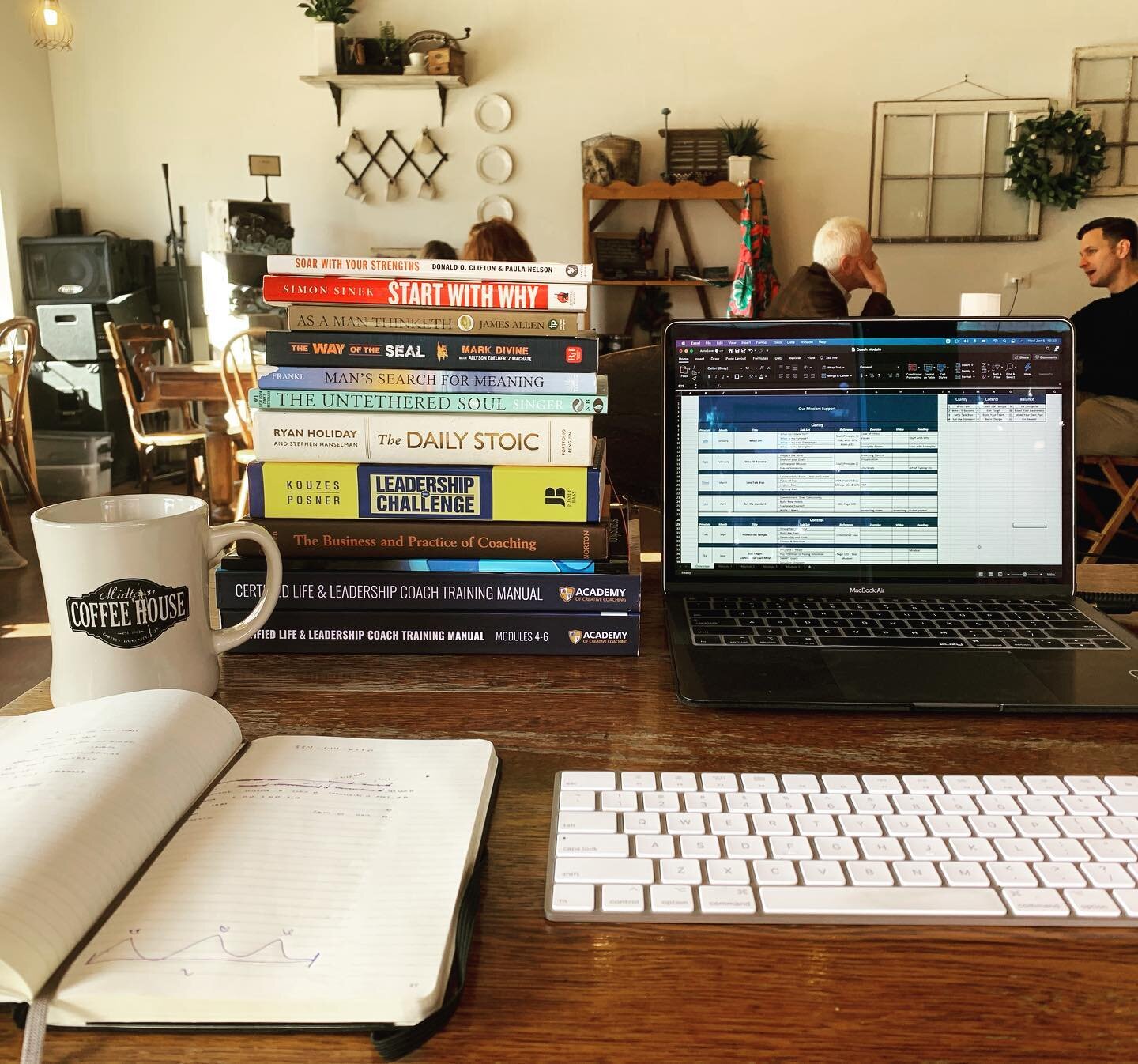 Working hard at @midtowncoffeehouse like most weekday mornings!
&bull;
Here are only a few of the 30 books I am referencing as we build out a 12 model course for finding Clarity, Control and Balance.
&bull; 
January is all about self discovery, purpo
