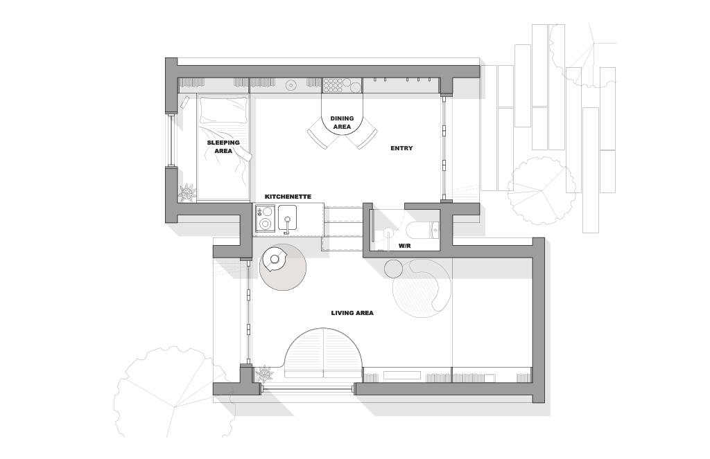 Concept floor plan showing the layout of a small studio