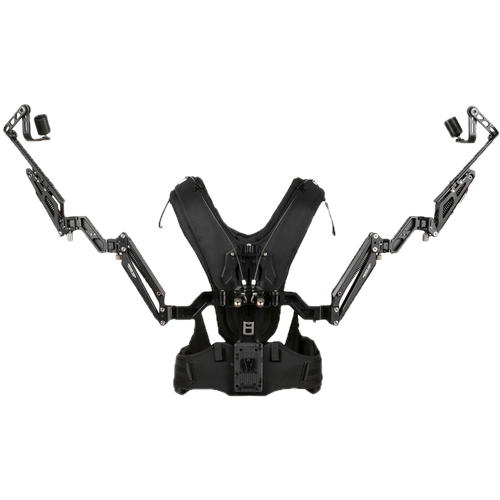 A robotic exoskeleton with mechanical arms and a harness system for assistance or mobility support.