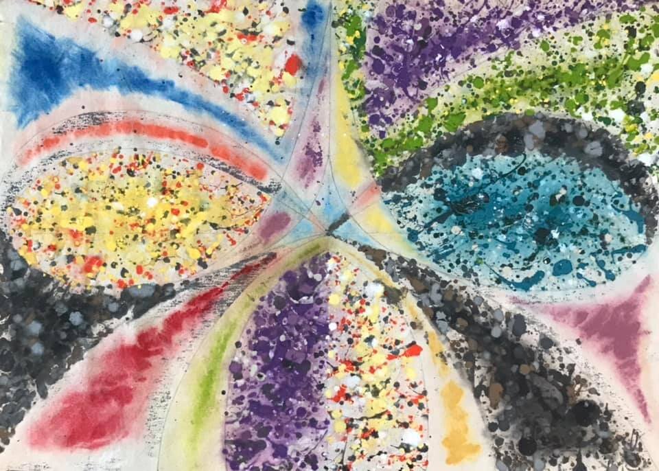 Here the splatter-and-drip painting technique has been applied to the "wet" side of the canvas.