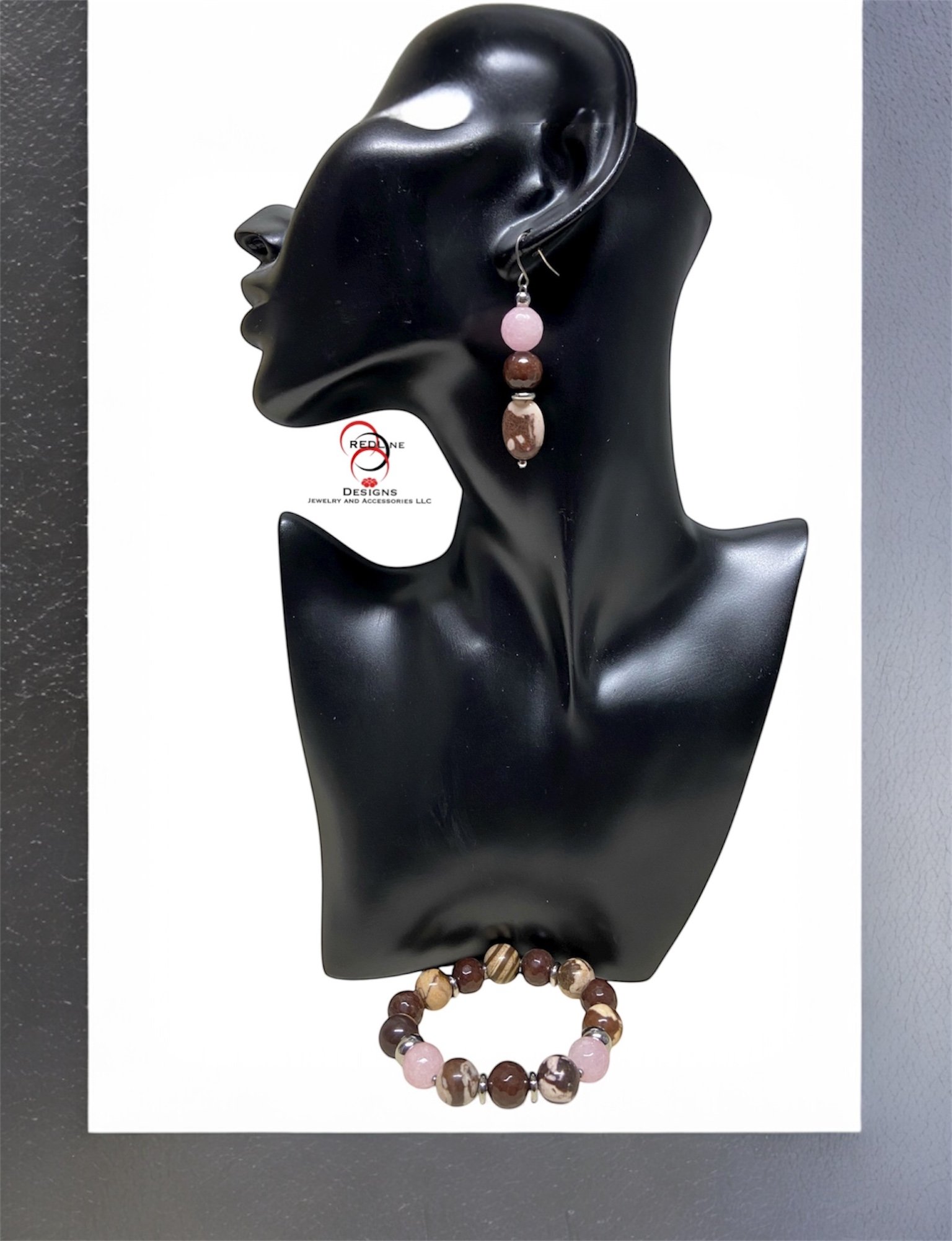 Pink and Chocolate Jade Gemstone Bracelet and Earring Set Item# BE32
