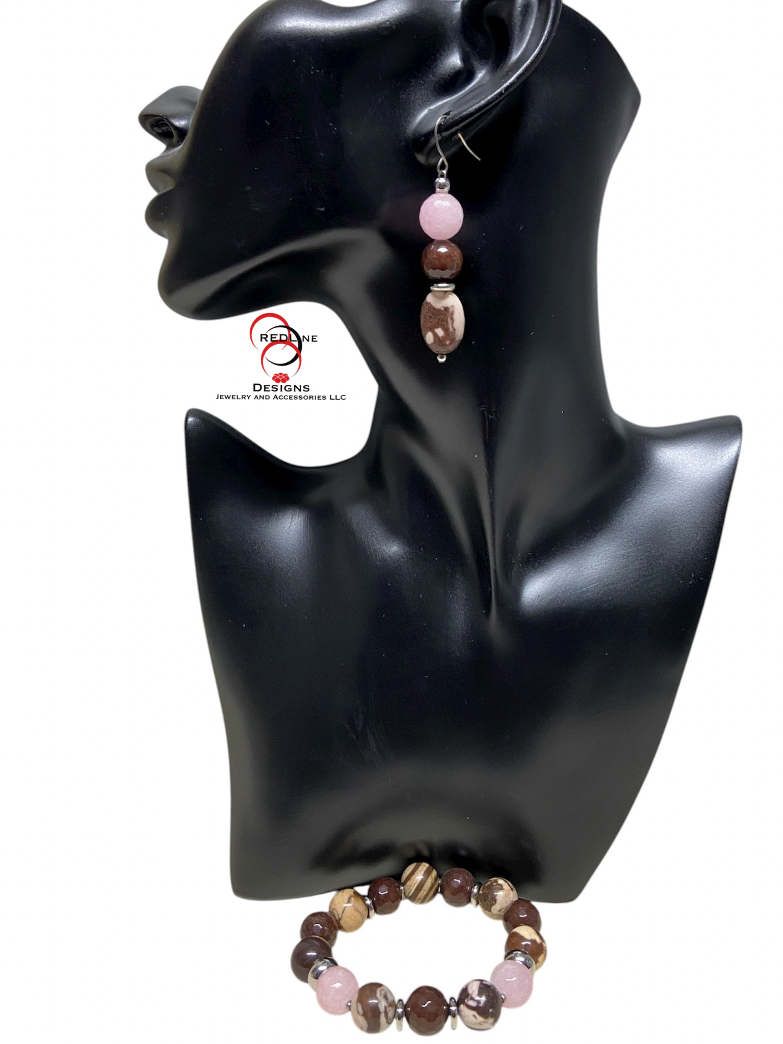 Pink and Chocolate Jade Gemstone Bracelet and Earring Set Item# BE32