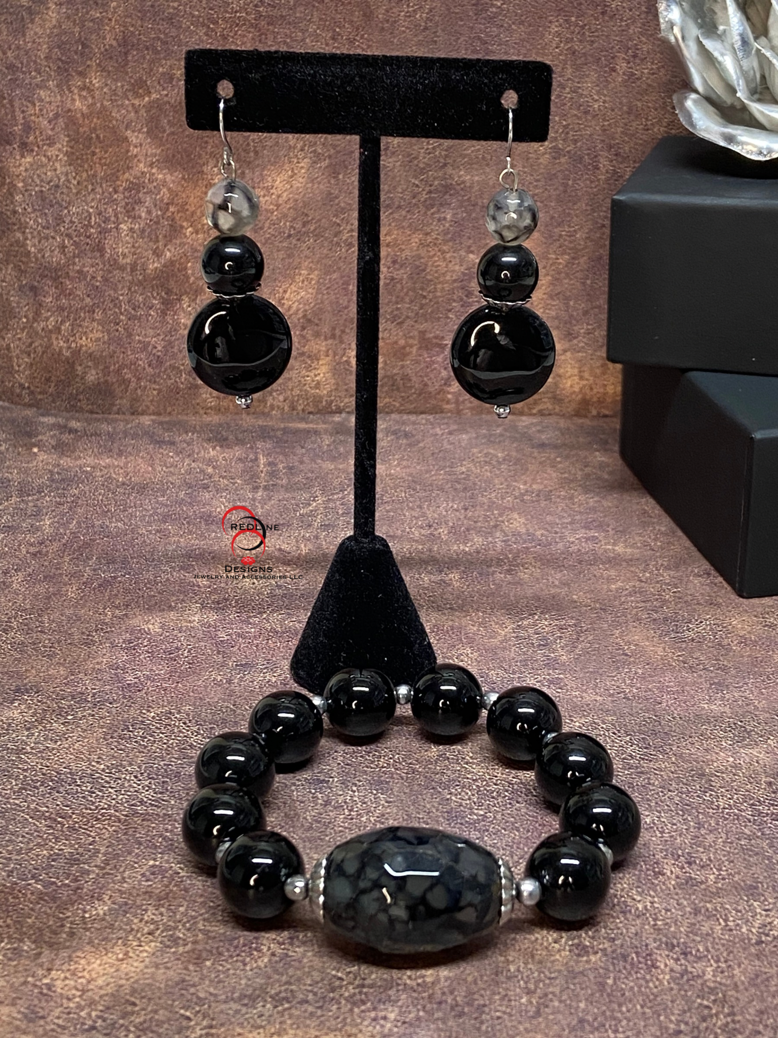 Black Onyx and Dragon Vein Gemstone Set Item#BE03