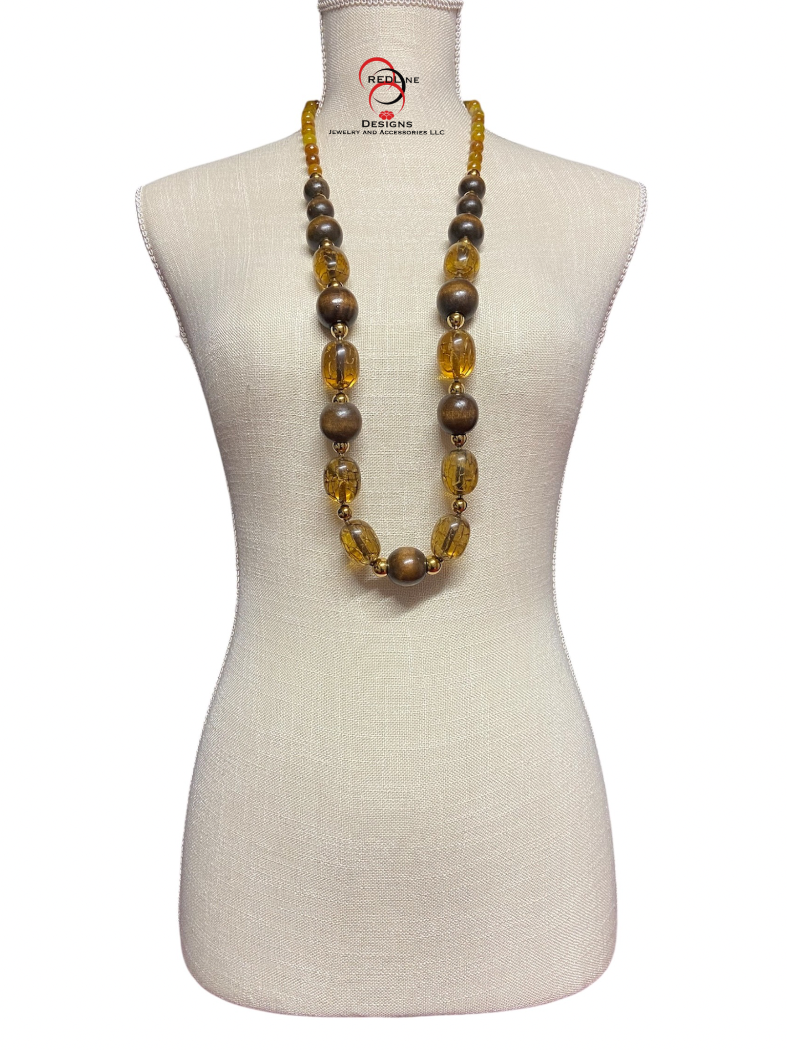 Gold Crackle Resin and Wooden Beads w/Gemstones Necklace Set Item #NS48