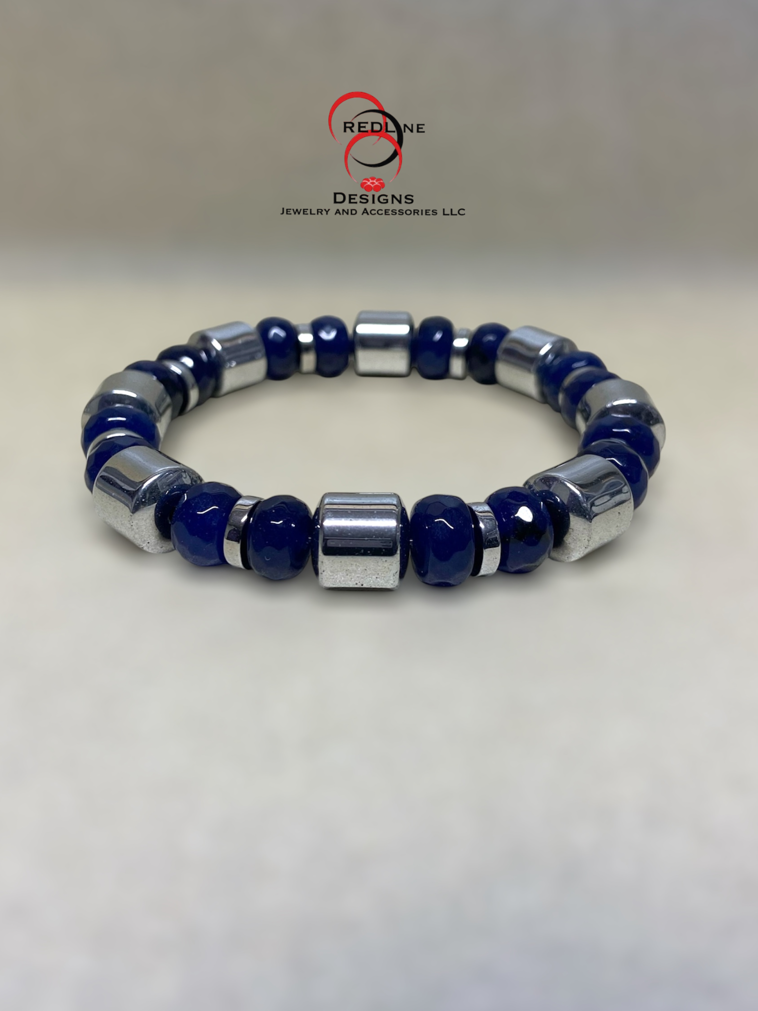 Men's Dark Blue Jade and Silver Hematite Gemstone Bracelet Item# M128