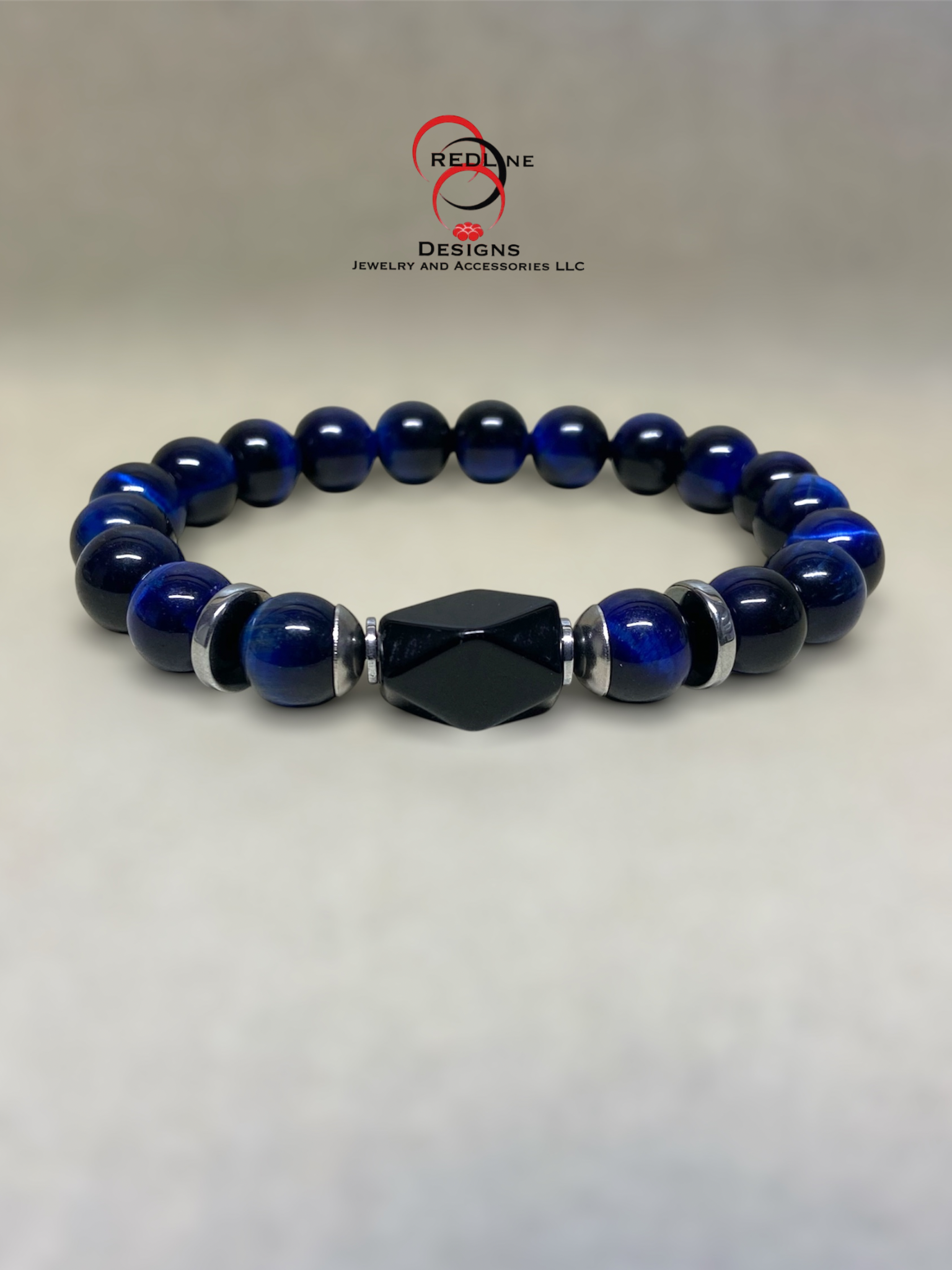 Men's Blue Tiger's Eye and Black Onyx Focal  Gemstone Bracelet Item# E121