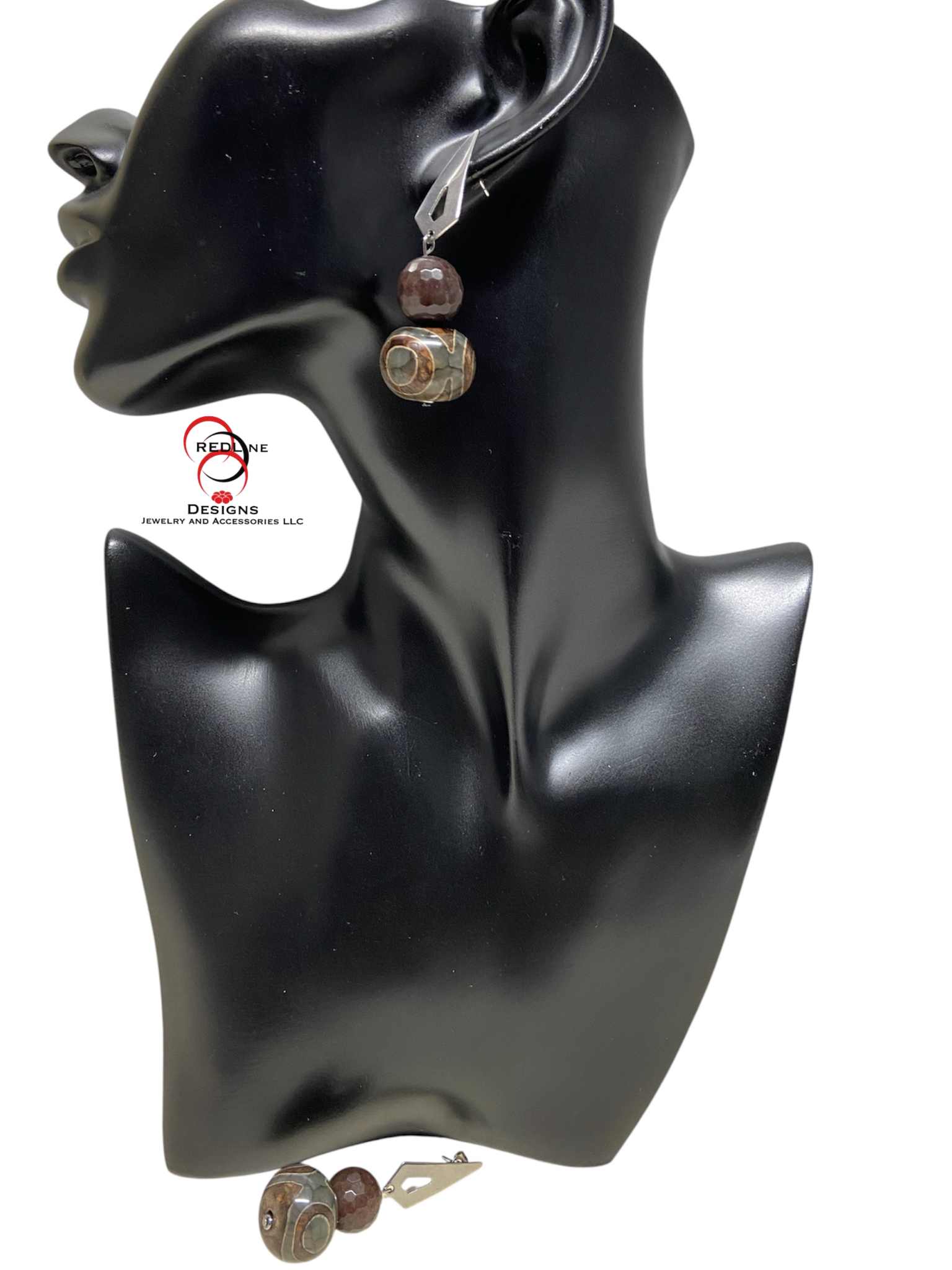 Chocolate Brown Jade and Tibetan Dzi  Agate Dangles Item# E67