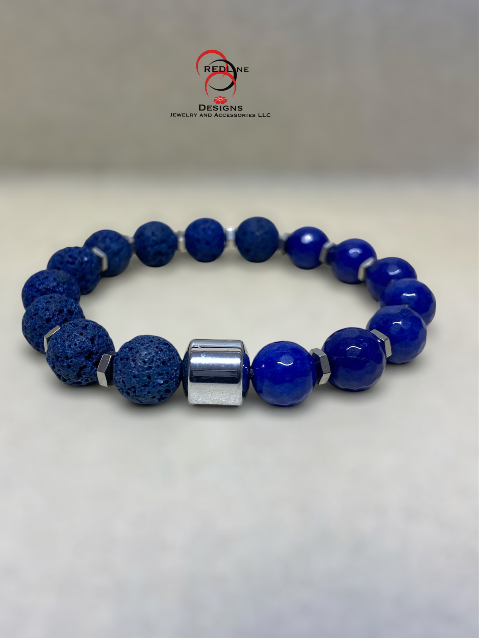 Men's Blue on Blue Jade and Lava Gemstone Bracelet Item# M125