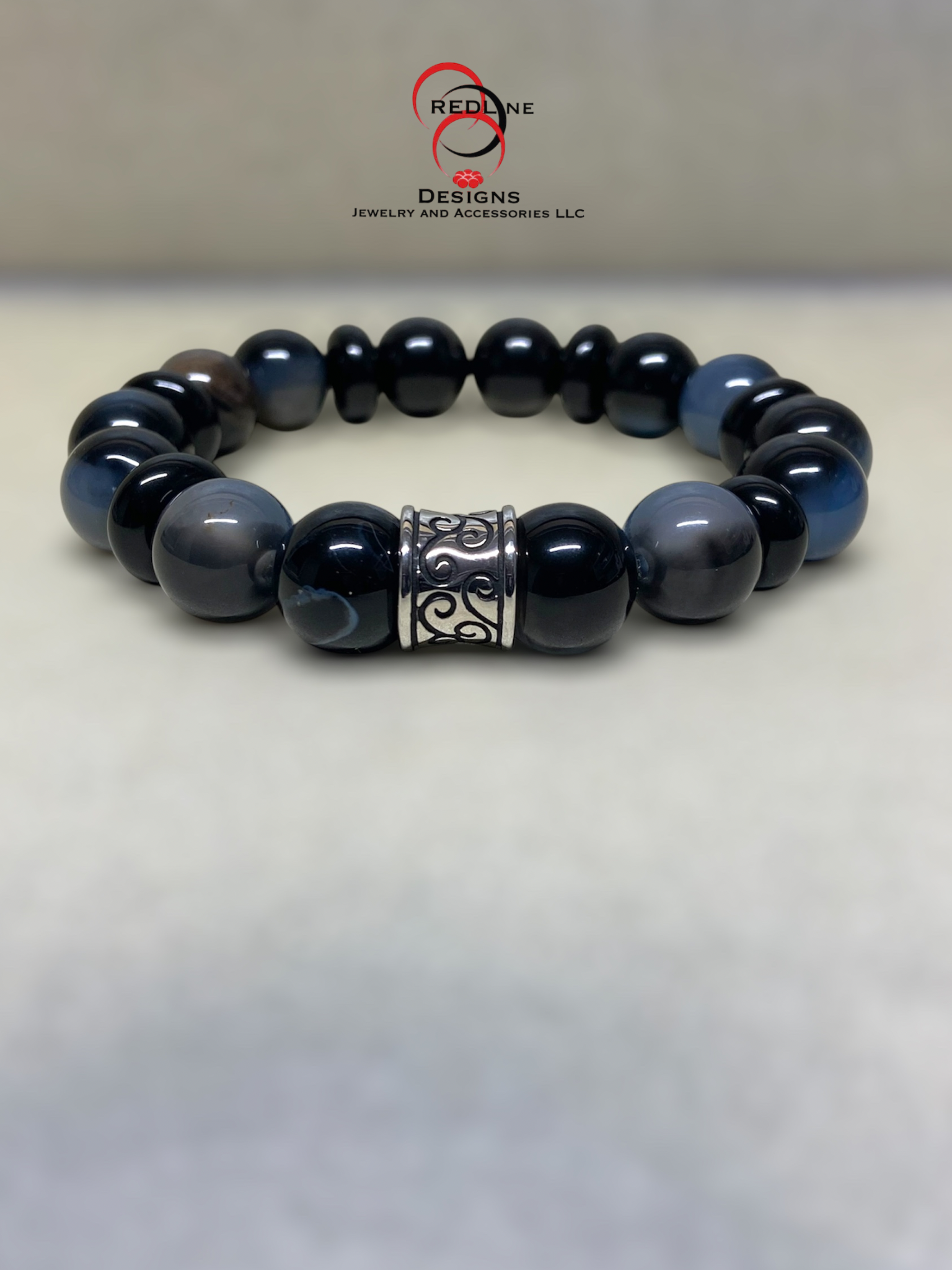 Men's Black and Blue Agate Gemstone Bracelet  Item# M113