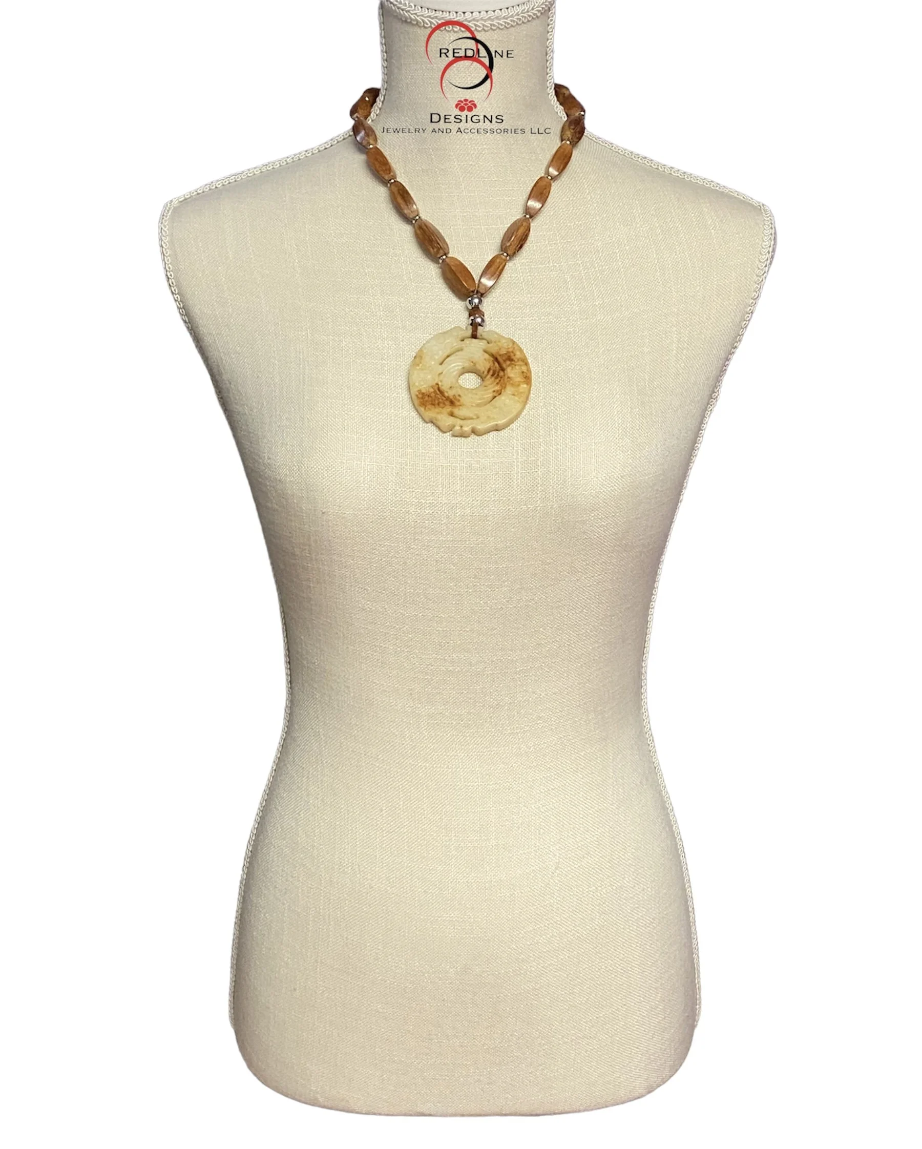 Cream Jade Pendent with Bayong Wood  Beads Necklace Set Item #NS49