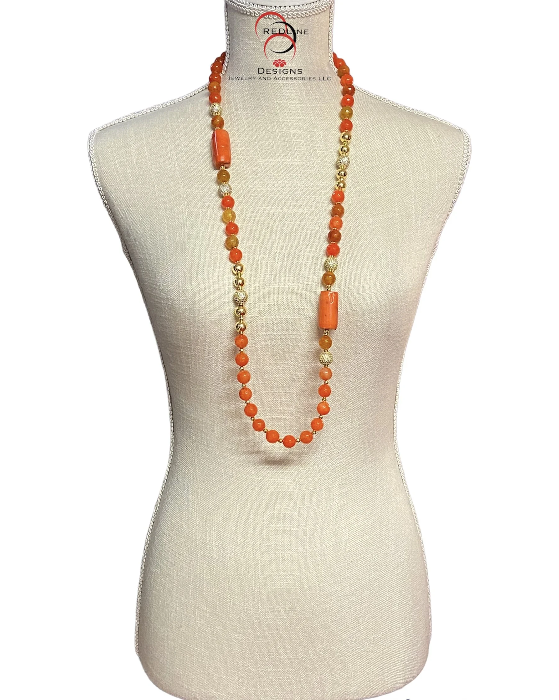 Long Orange Agate and Jade Gemstone Necklace Item#N76