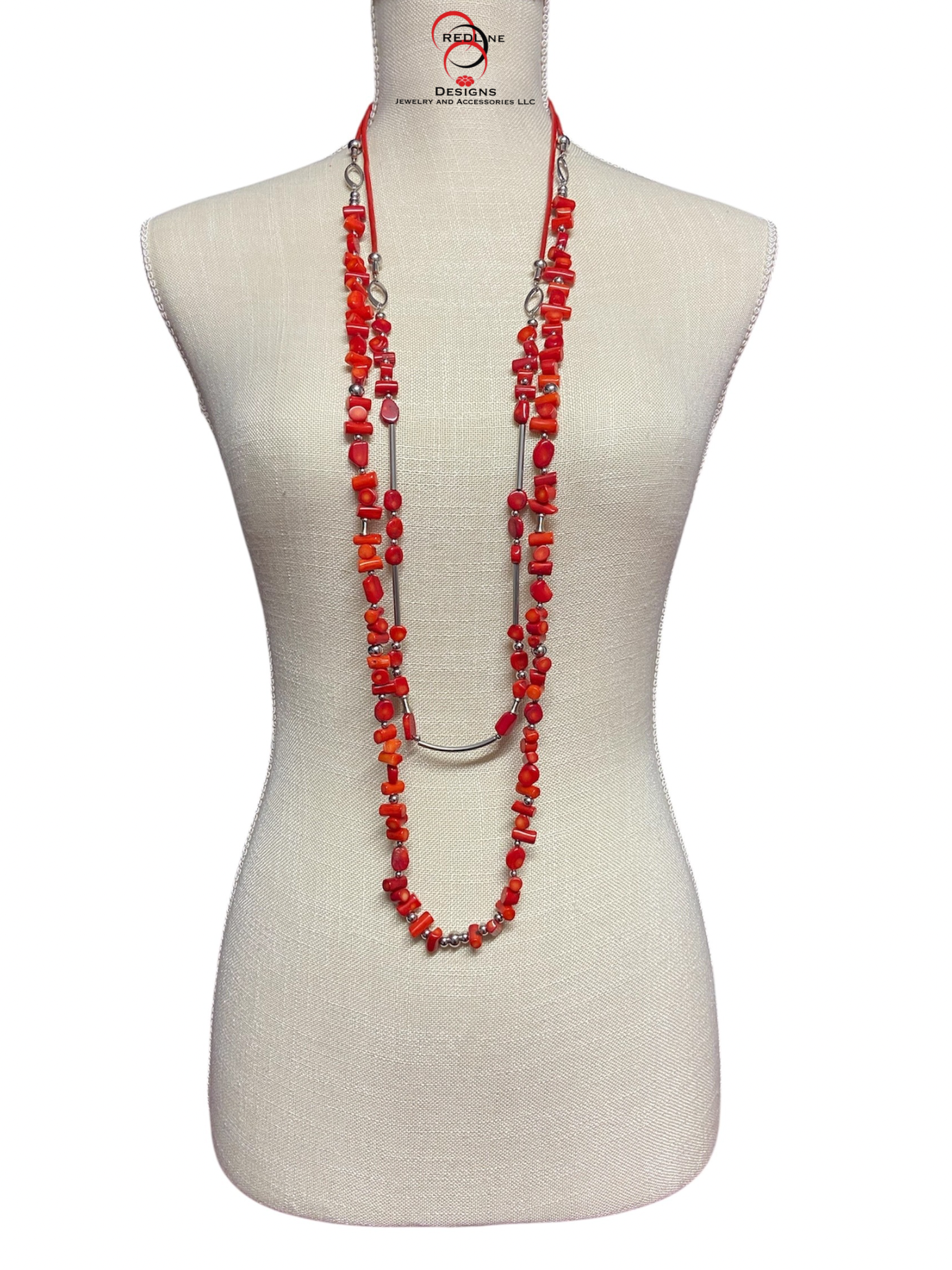 Red Coral 2 Strand Long Gemstone Necklace Set Item#OS07