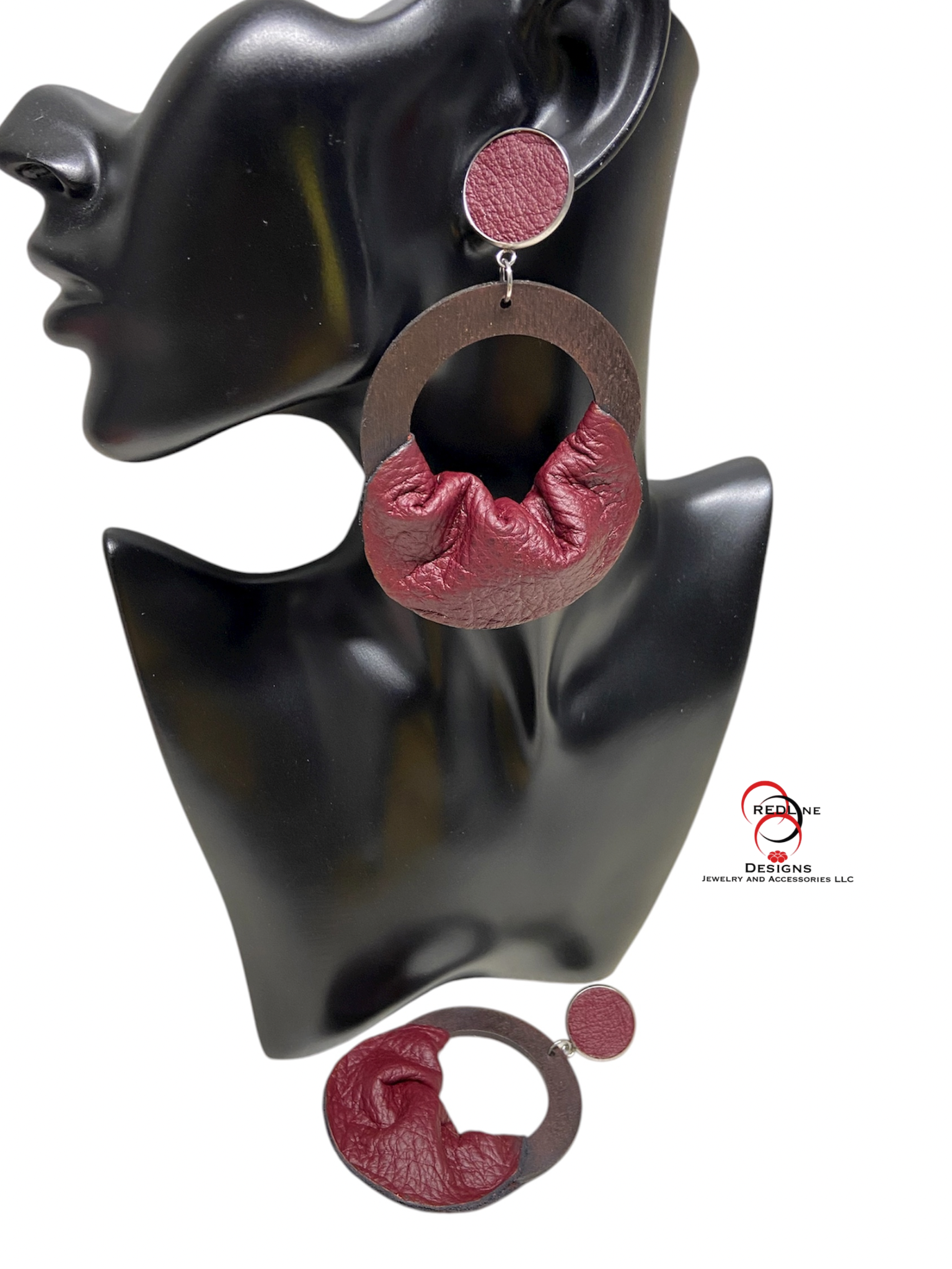 Burgundy Leather and  Wooden Circle Dangles Item# E74