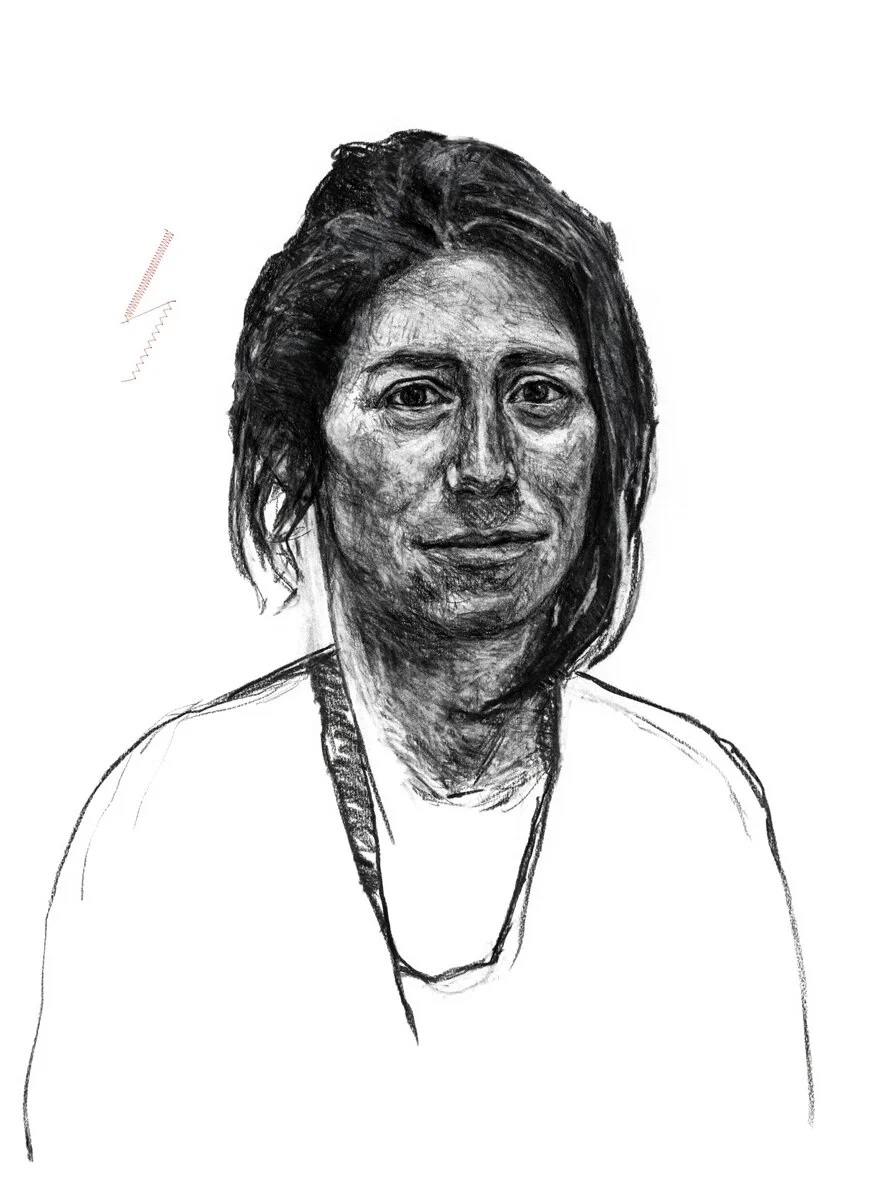 Sarah D,
charcoal and pink thread on paper, 22 x 30 inches