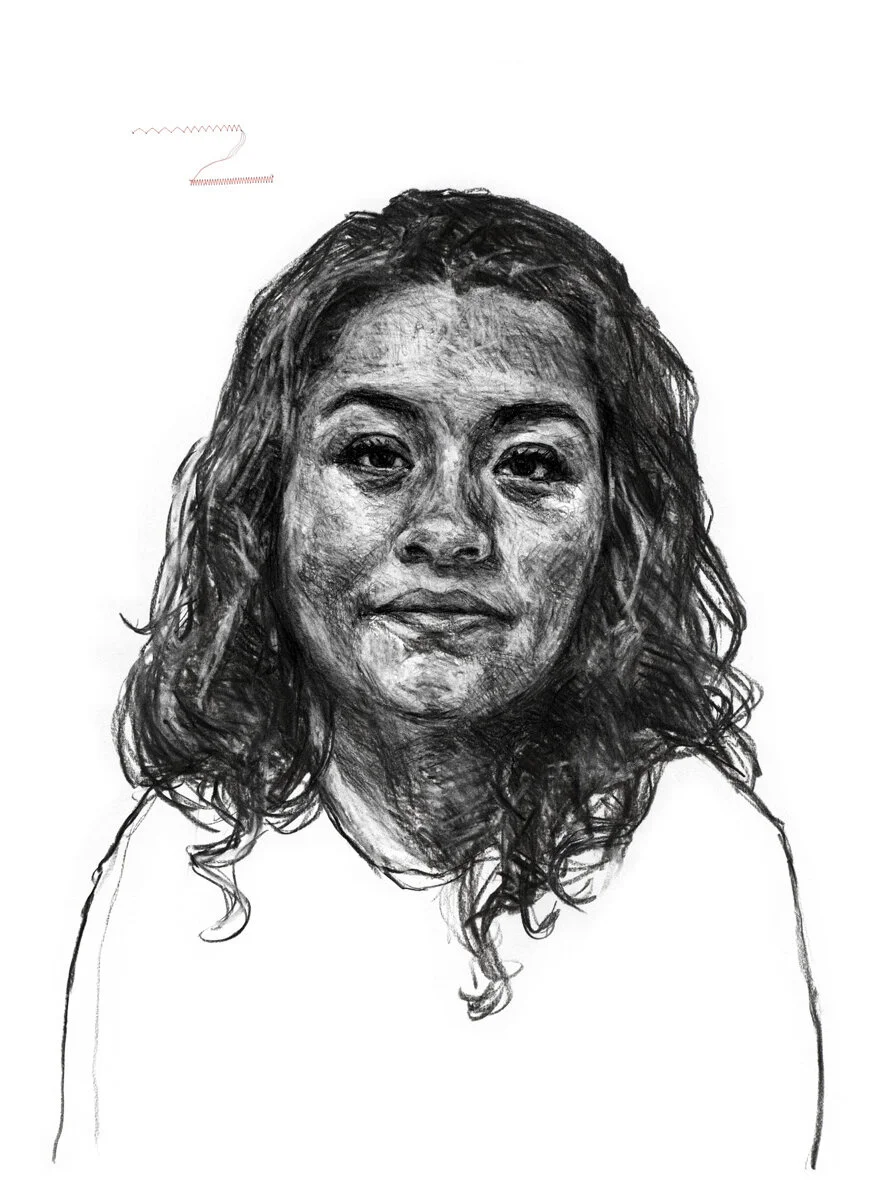 Kristina,
charcoal and pink thread on paper, 22 x 30 inches