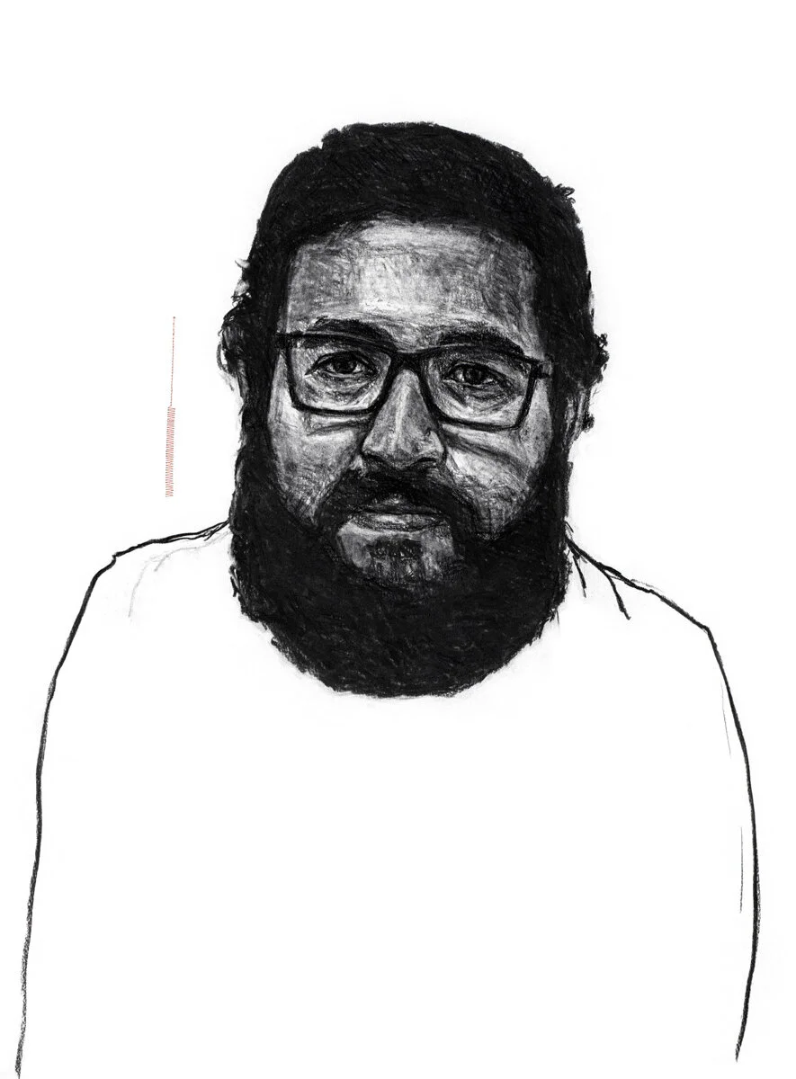 David,
charcoal and pink thread on paper, 22 x 30 inches