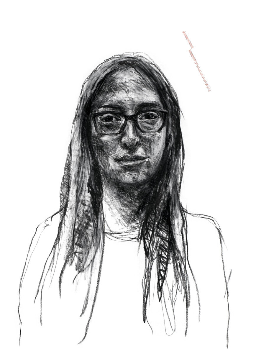 Melissa,
charcoal and pink thread on paper, 22 x 30 inches