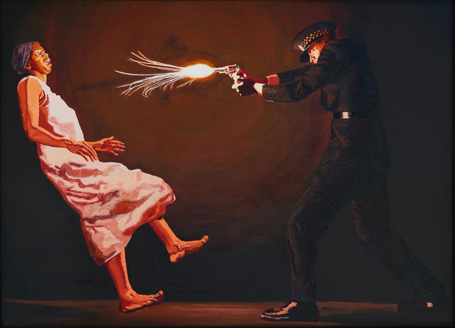 Kimathi Donkor ‘UNDER FIRE: THE SHOOTING OF CHERRY GROCE,’ 2005, oil on linen, 121 x 182cm. 