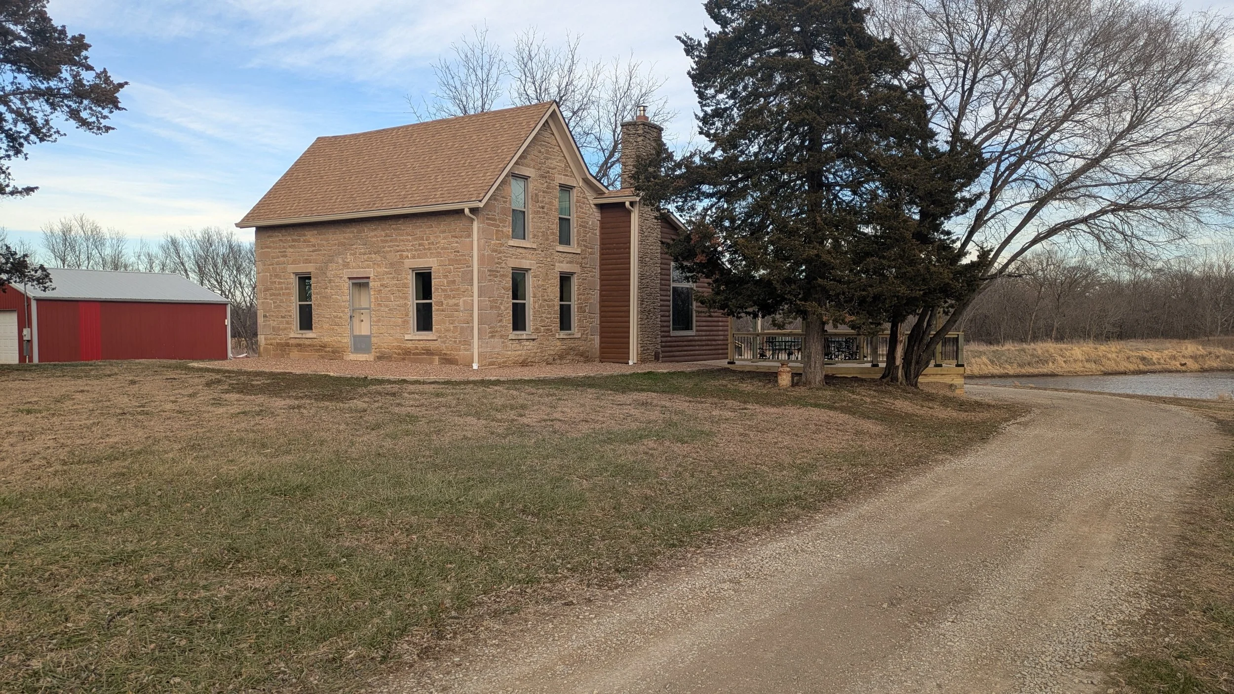 View of the Limestone portion of the building from the driveway.