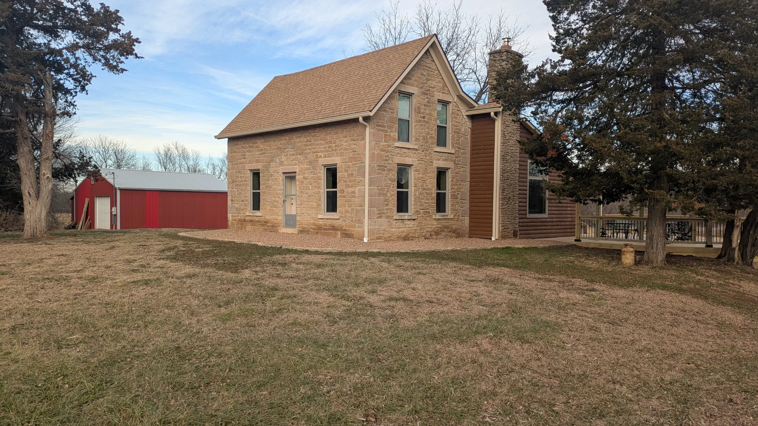 View of the Limestone portion of the building from the driveway.