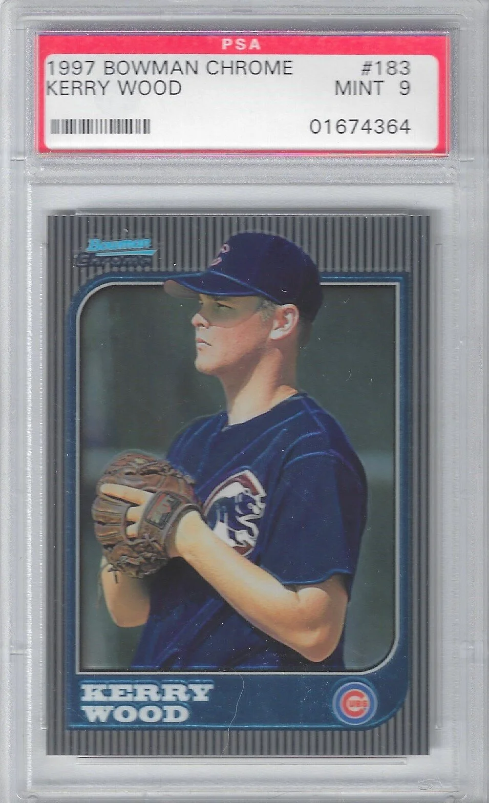 1997 Bowman # 196 Kerry Wood (RC) PSA Graded MINT 9, Cubs, ROOKIE CARD In 9