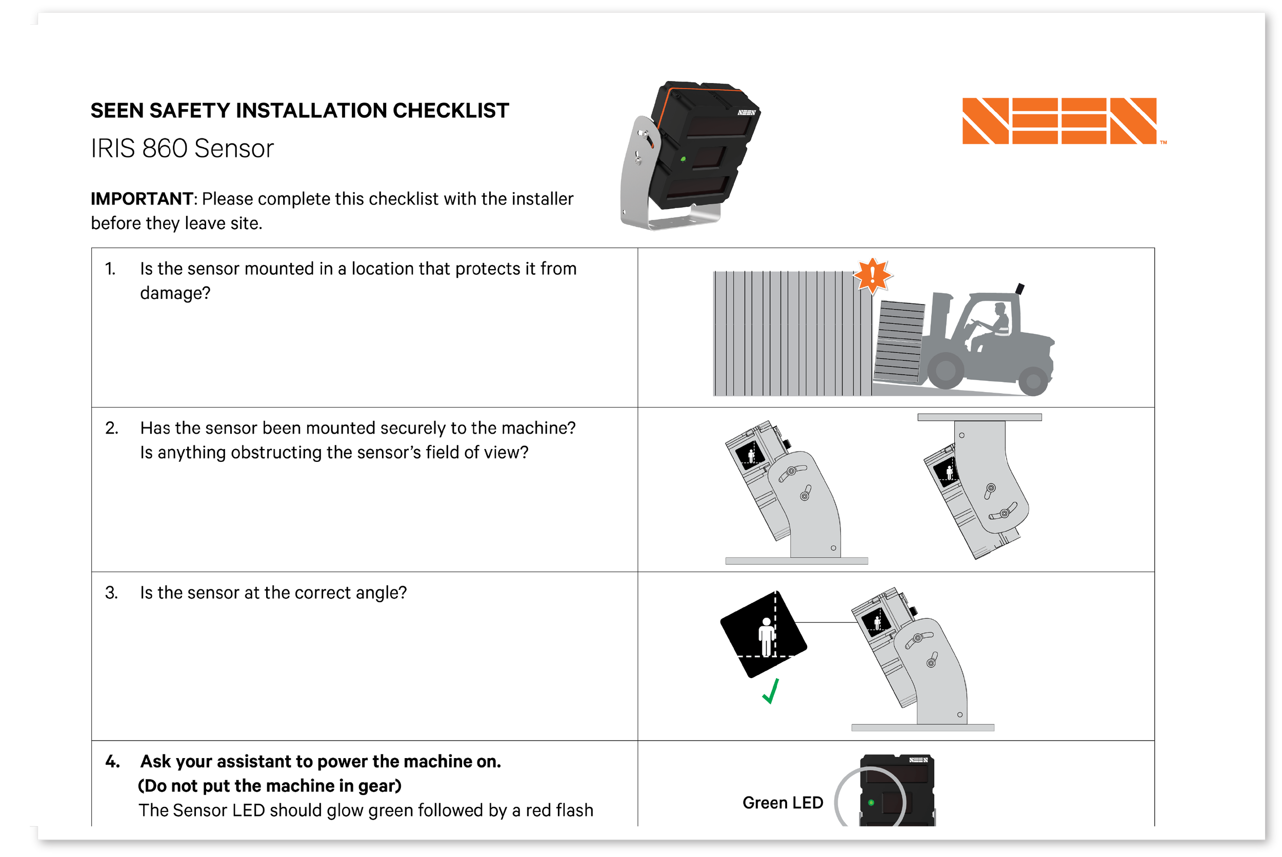 SEEN Safety Sensor Installation Checklist