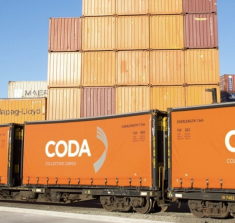 Close-up of a freight train with bright orange containers labeled 'CODA Collectve Cargo' passing by stacked shipping containers in various colors under a clear blue sky.