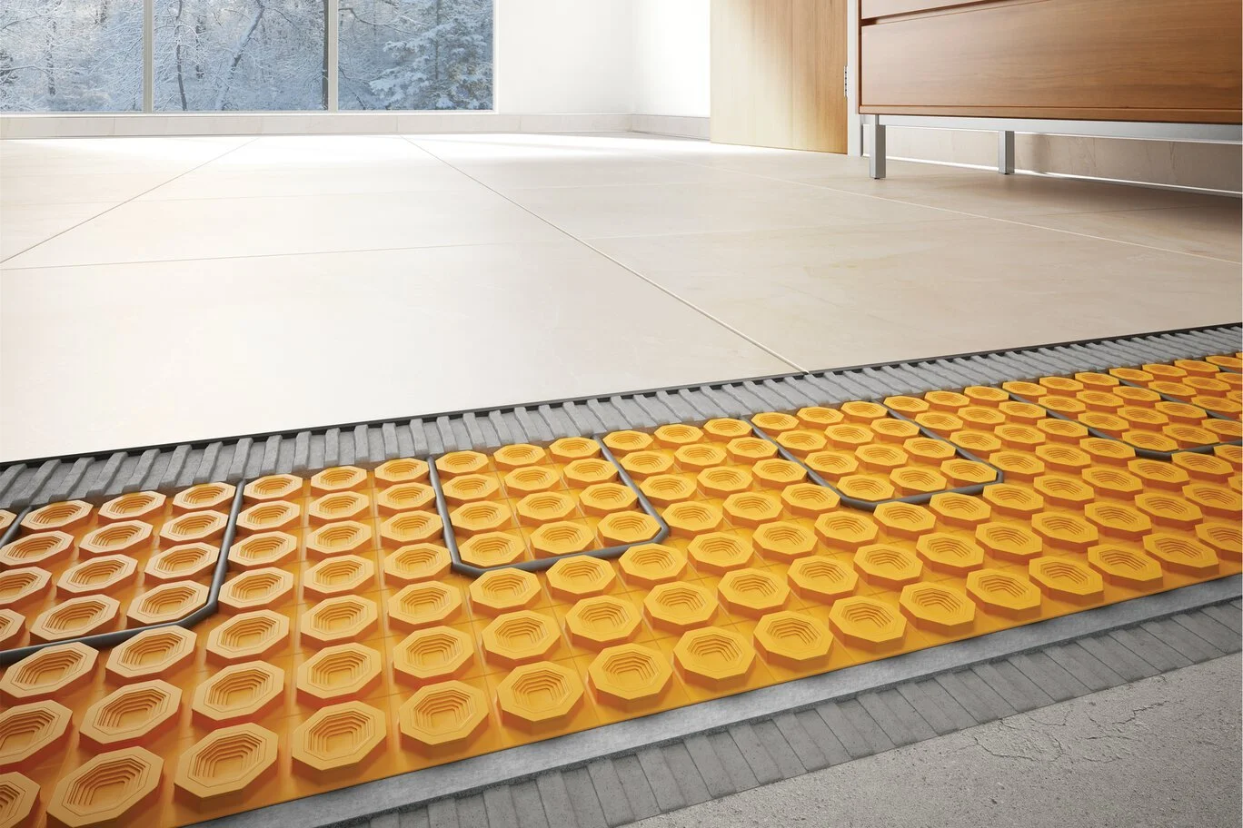 Underfloor heating system installation with orange heat cable mats in a modern room with wood and tile flooring and large windows.