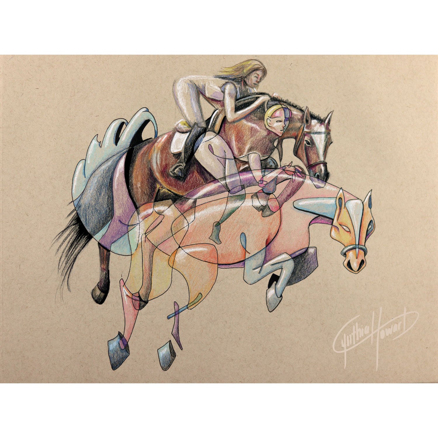 A horse and rider leaping on a camel coloured background. Overlayed on the realistically depicted horse and rider is a colourful abstract version of both the horse and rider.