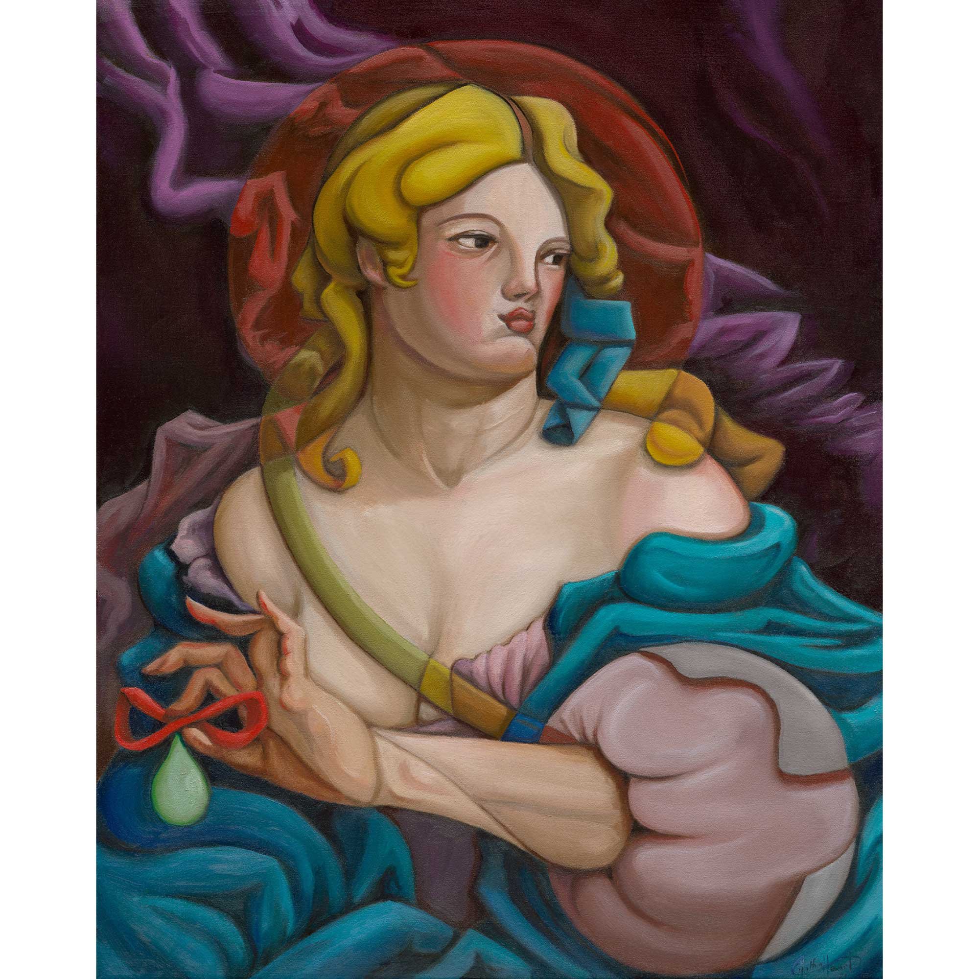 A woman with yellow hair wearing a blue robe holds a Mint coloured pendant adorned with a red ribbon.