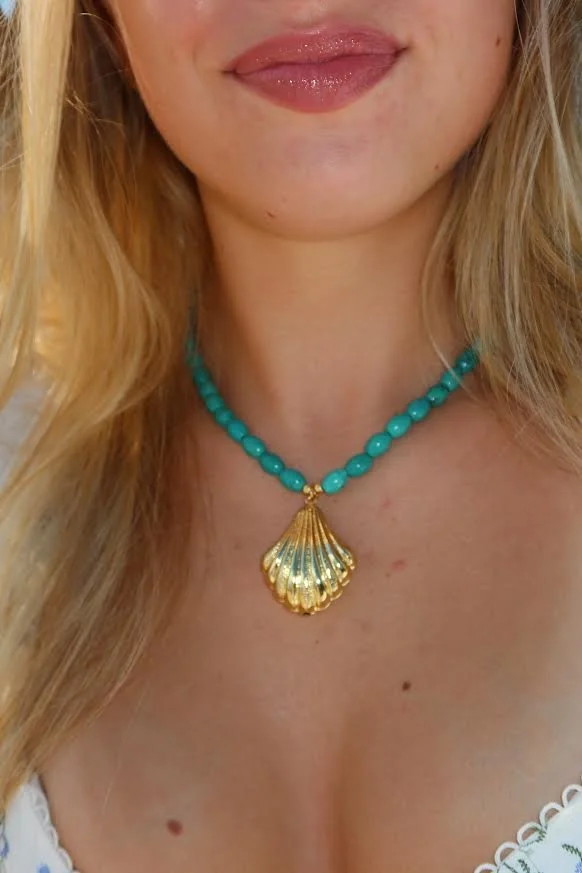 Turquoise Necklace with large gold shell pendant